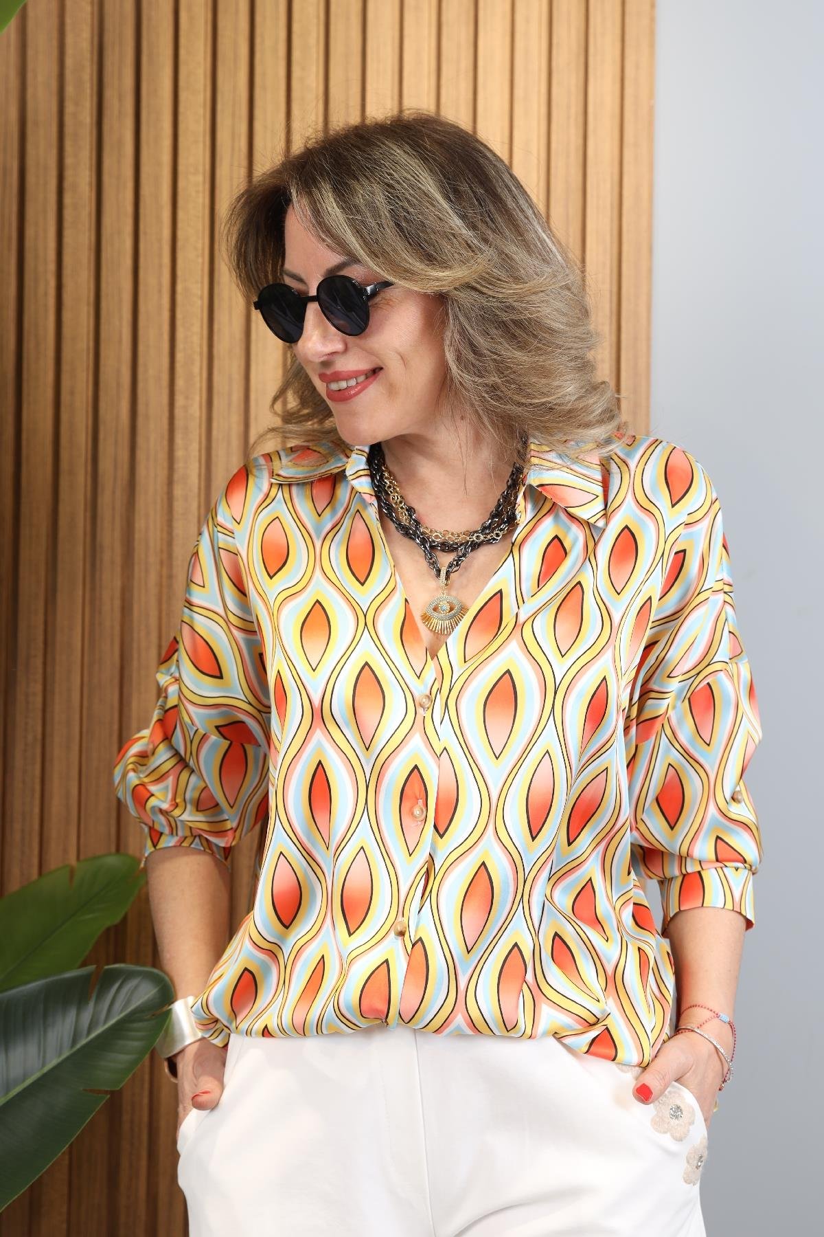 Orange Damla Model Düğmeli Oversize Bej Gömlek