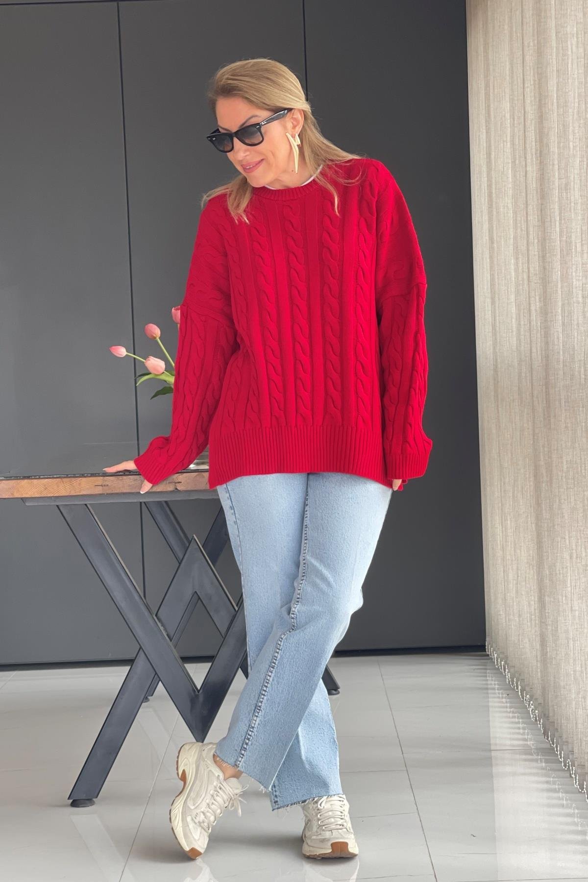Örgü Detay Oversize Kırmızı Kazak