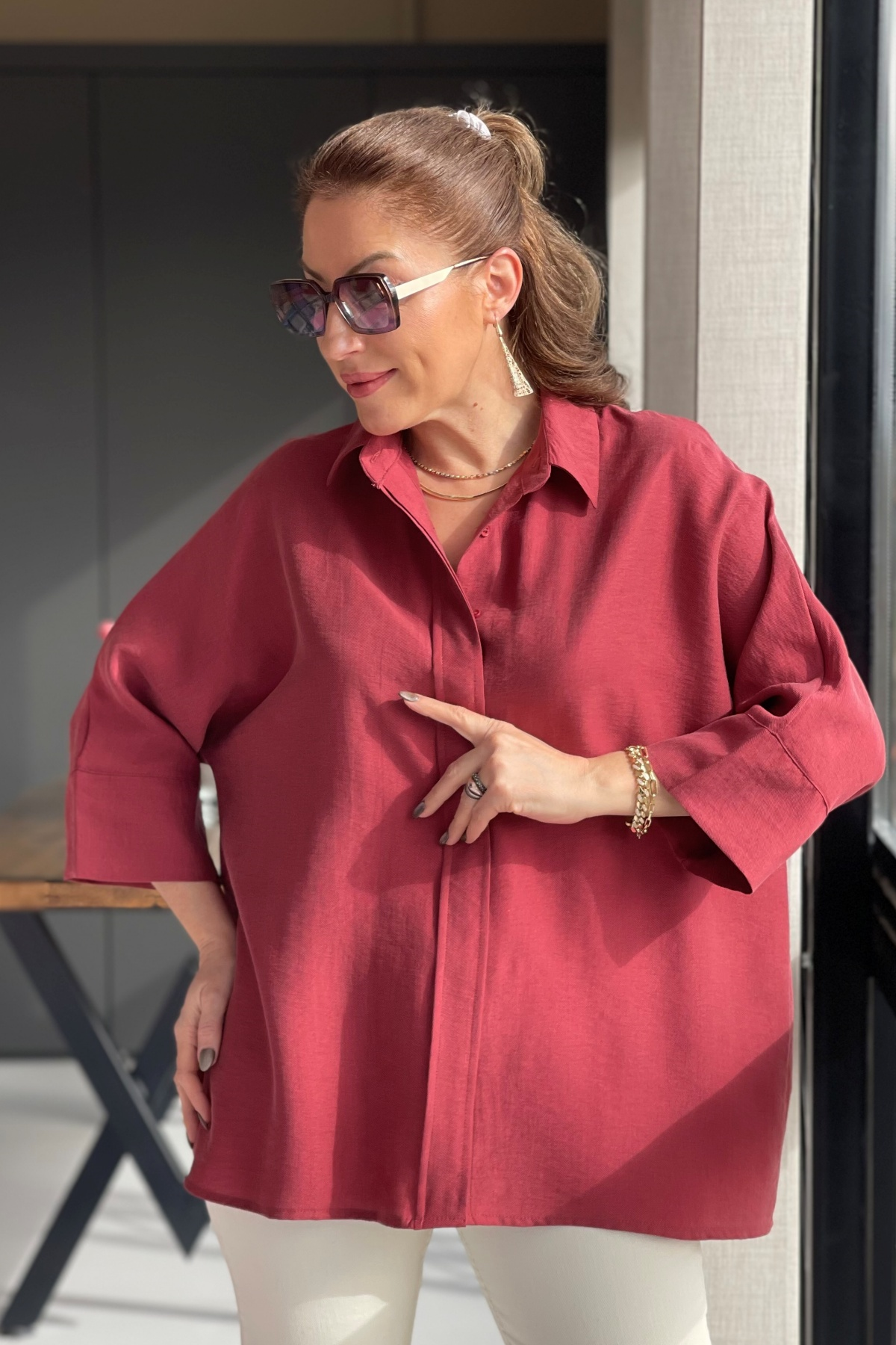 Oversize Bordo Gömlek