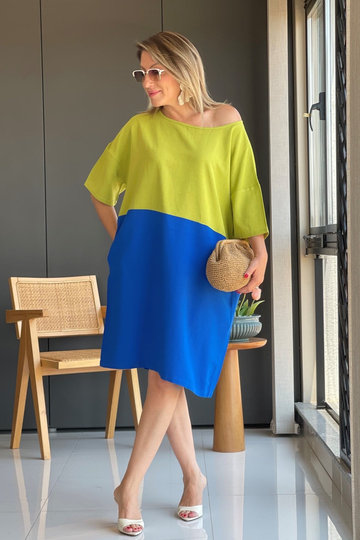 Oversize Yağ Yeşili-Mavi Elbise