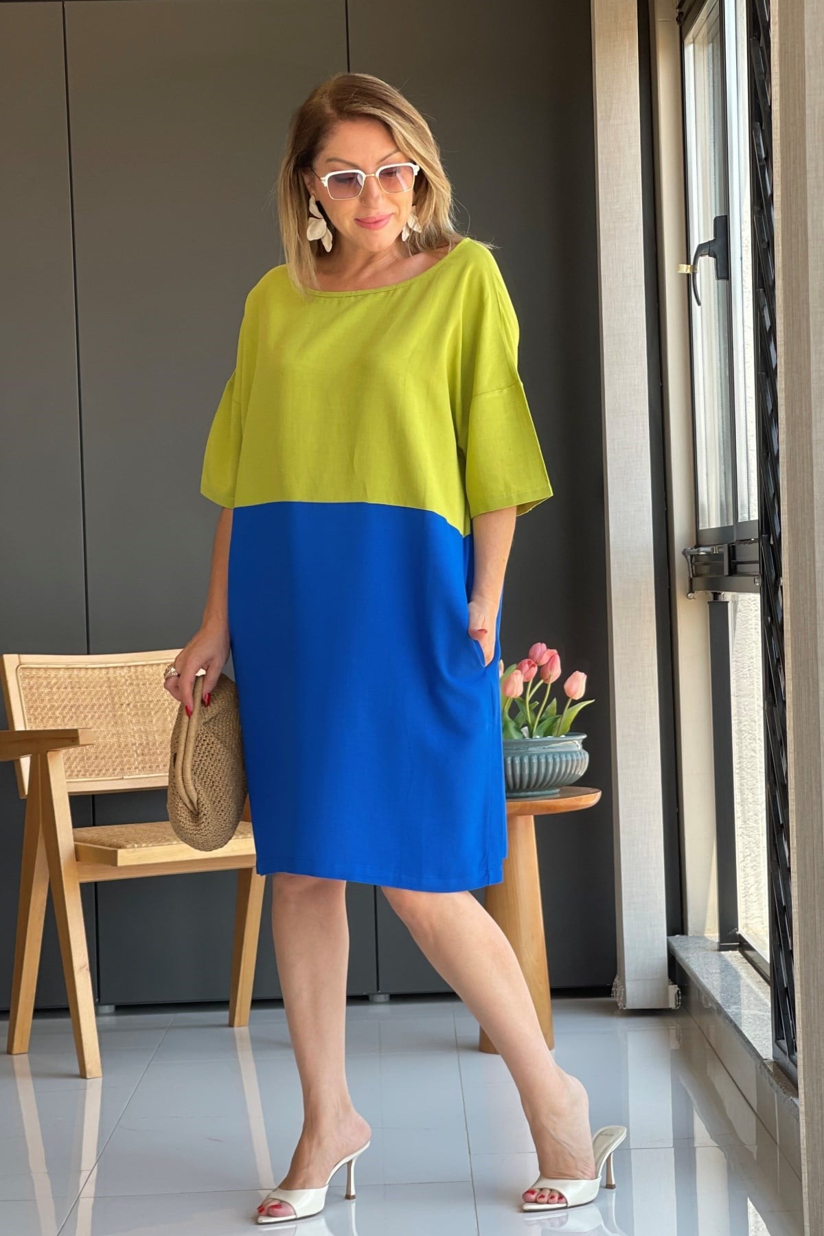 Oversize Yağ Yeşili-Mavi Elbise