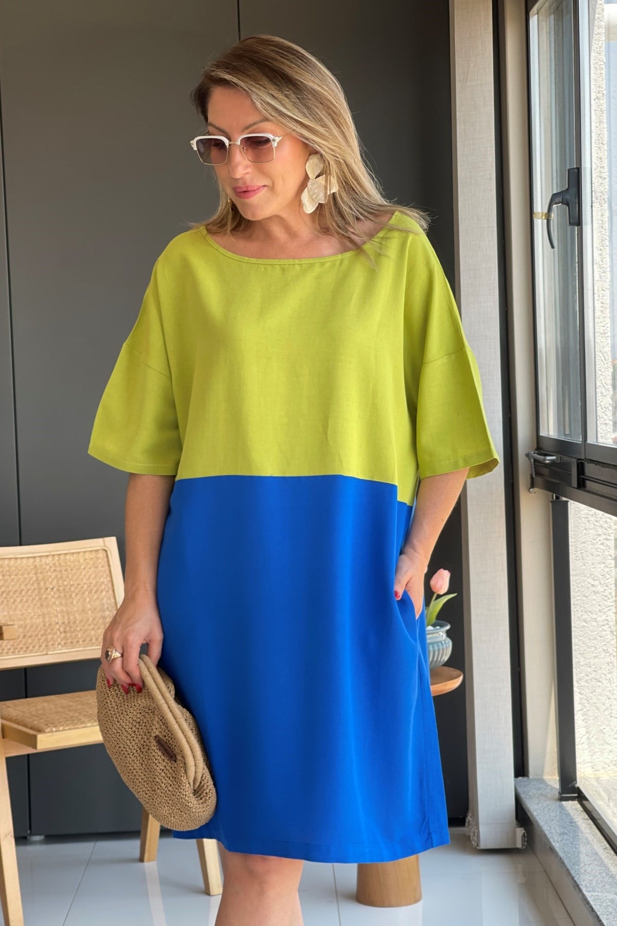 Oversize Yağ Yeşili-Mavi Elbise