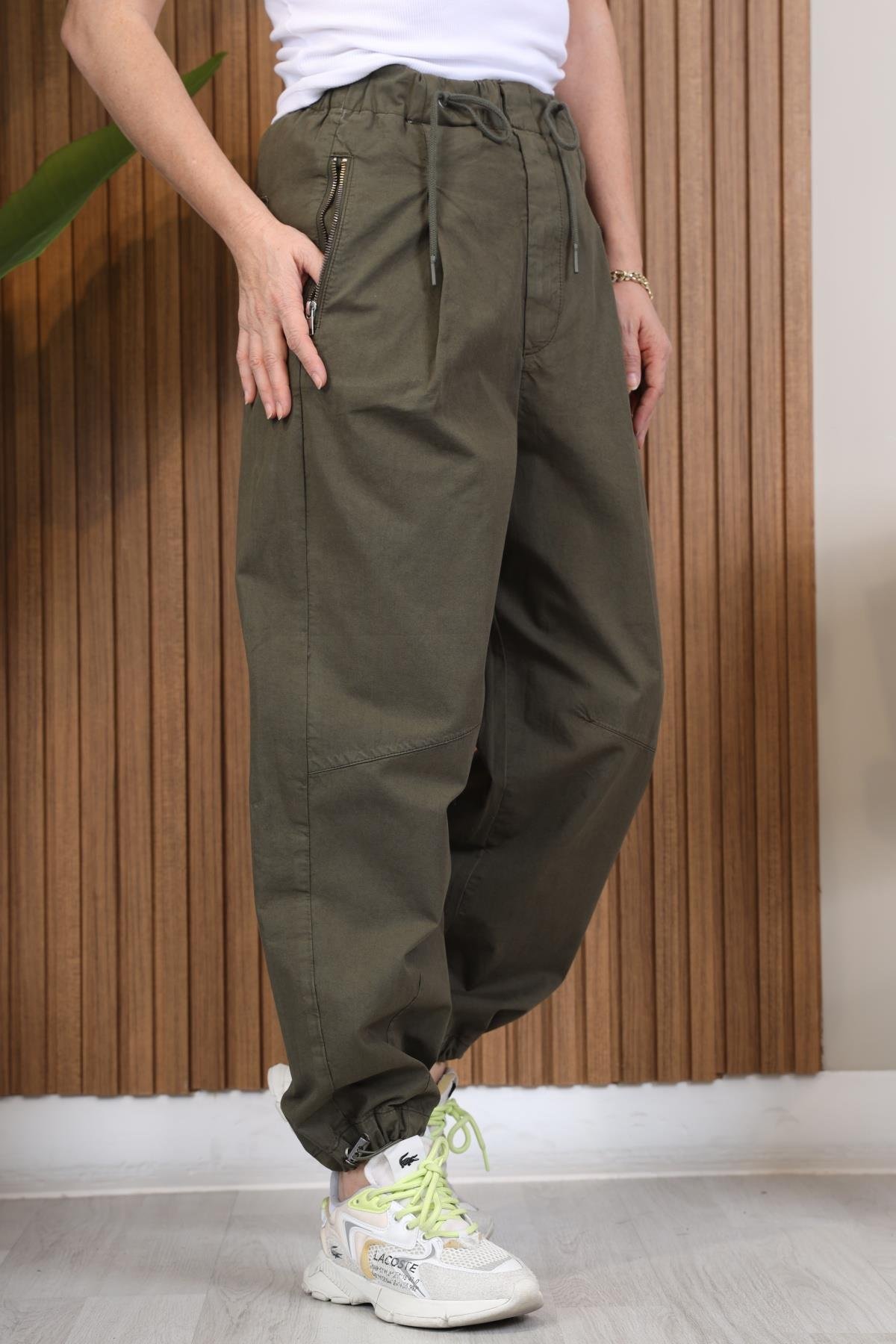 Paça Detay Gabardin Haki Pantolon