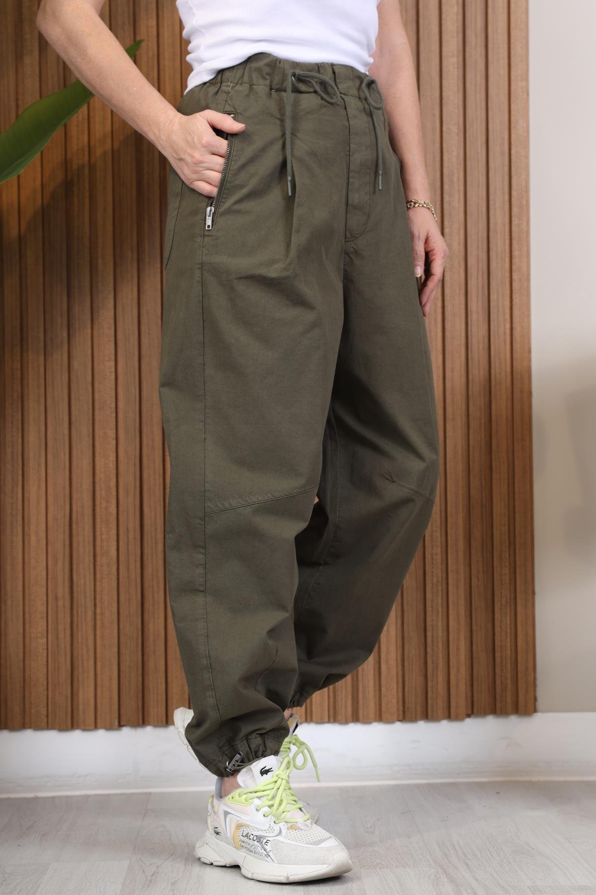 Paça Detay Gabardin Haki Pantolon