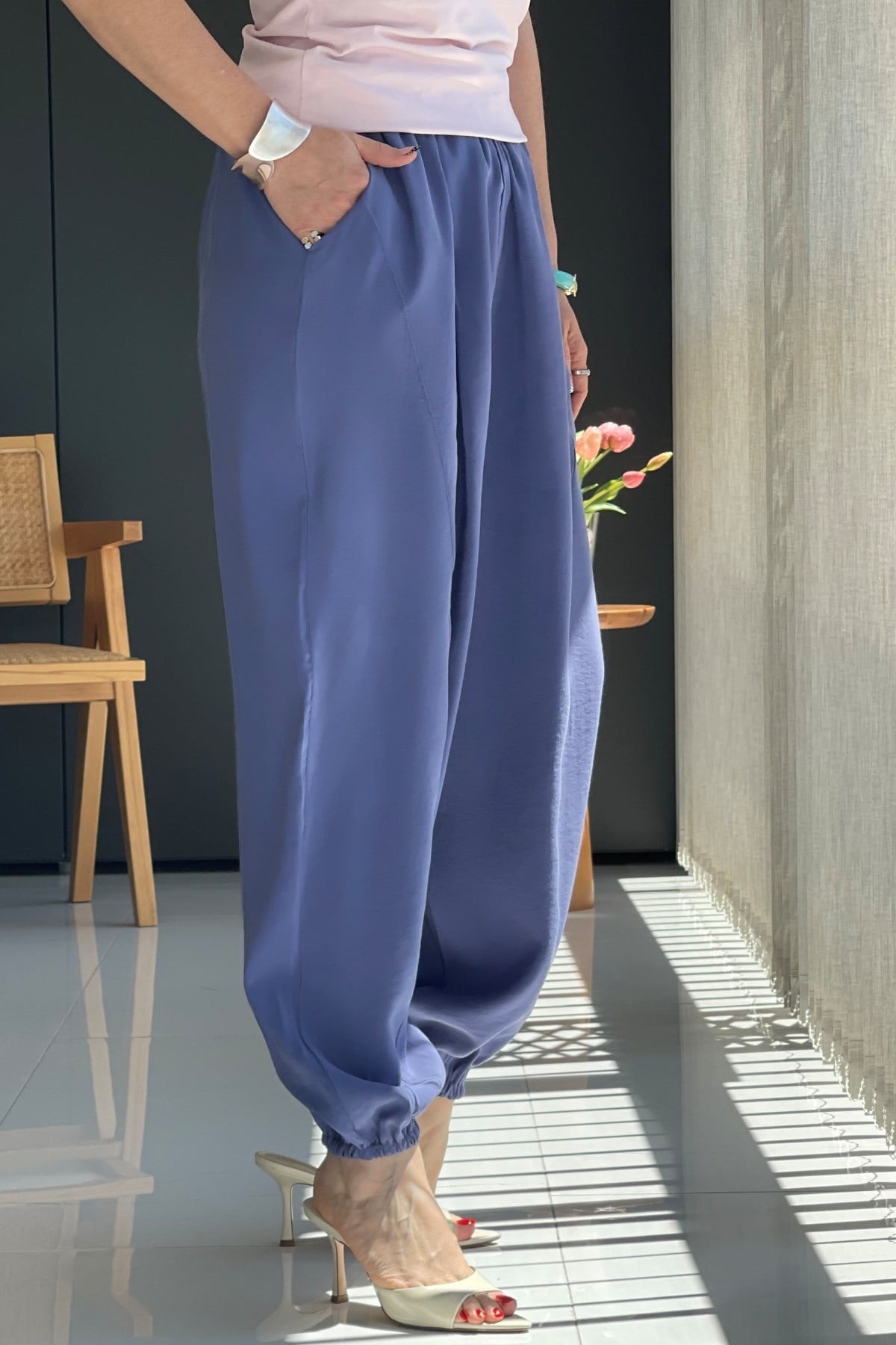 Paça Detay Şalvar Model Mavi Pantolon