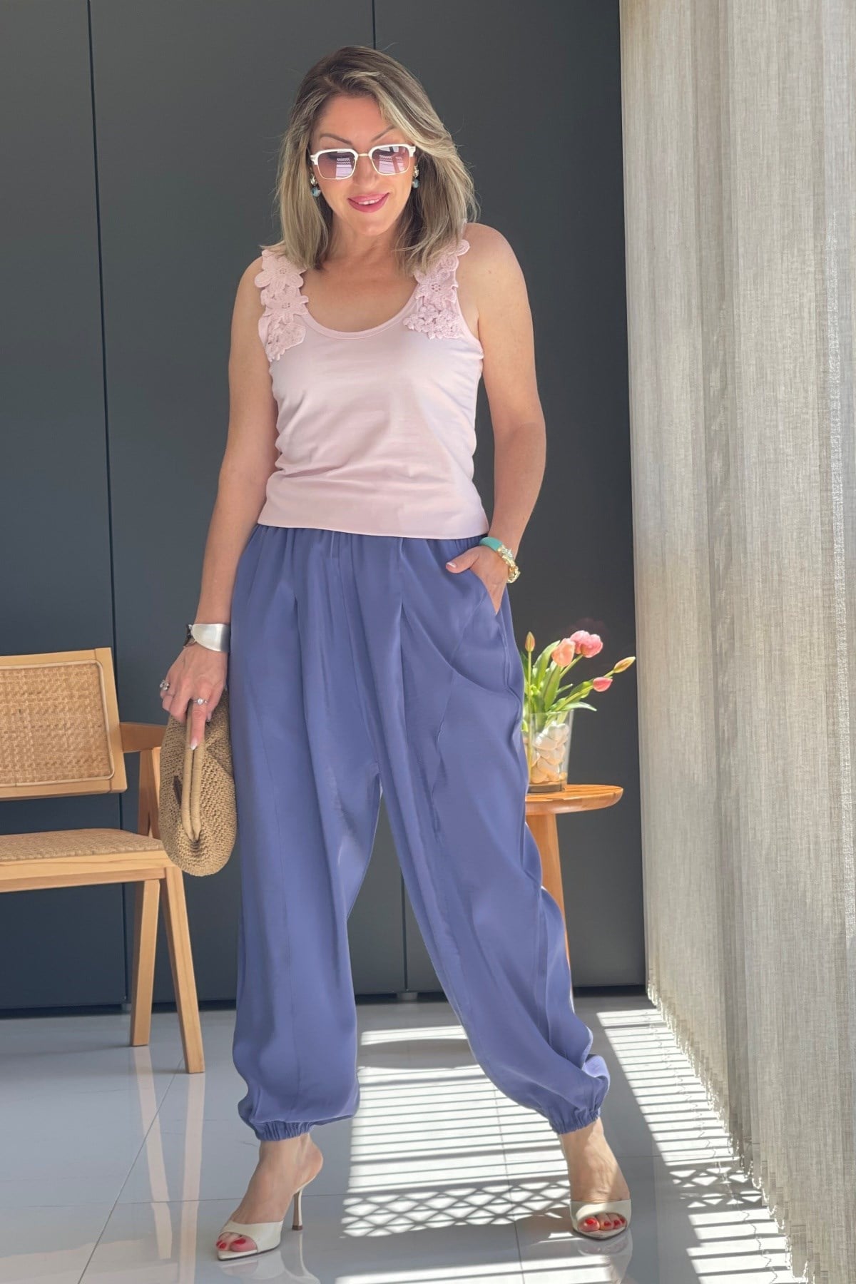 Paça Detay Şalvar Model Mavi Pantolon