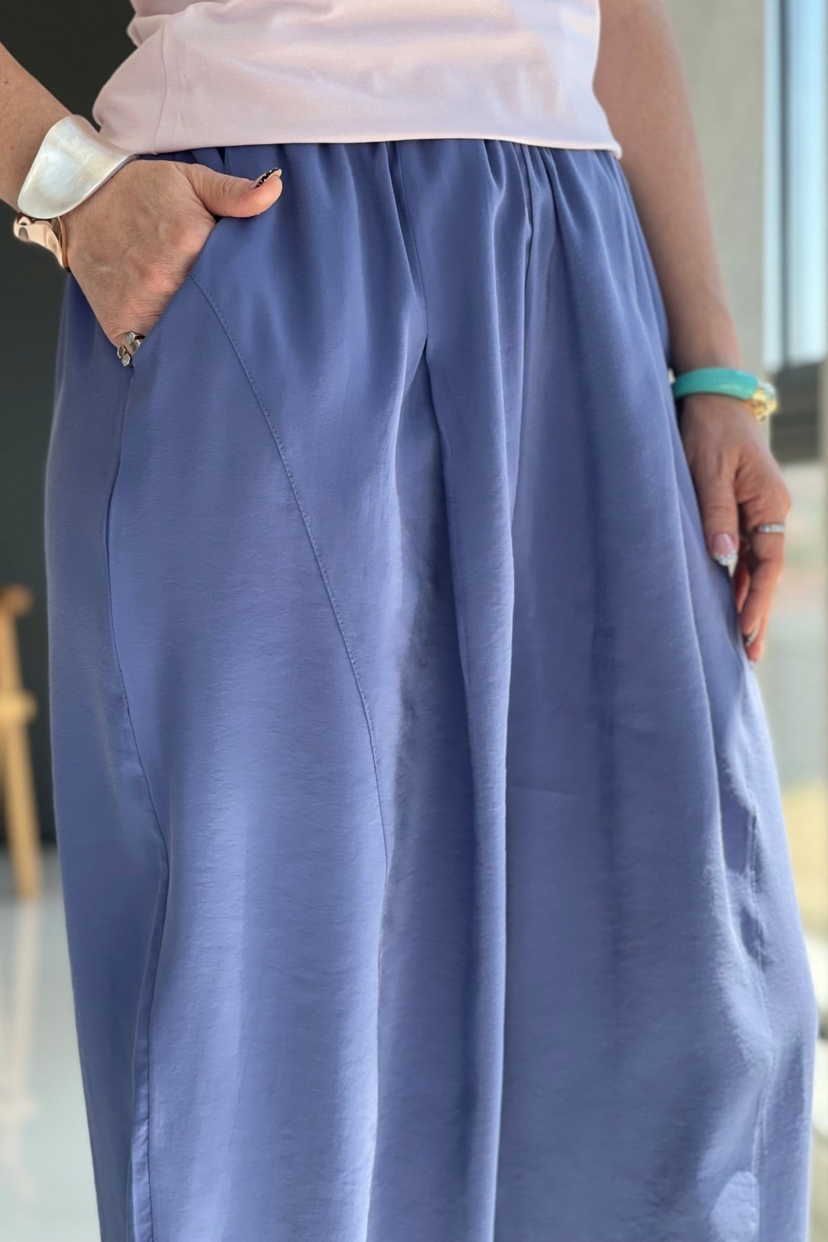 Paça Detay Şalvar Model Mavi Pantolon