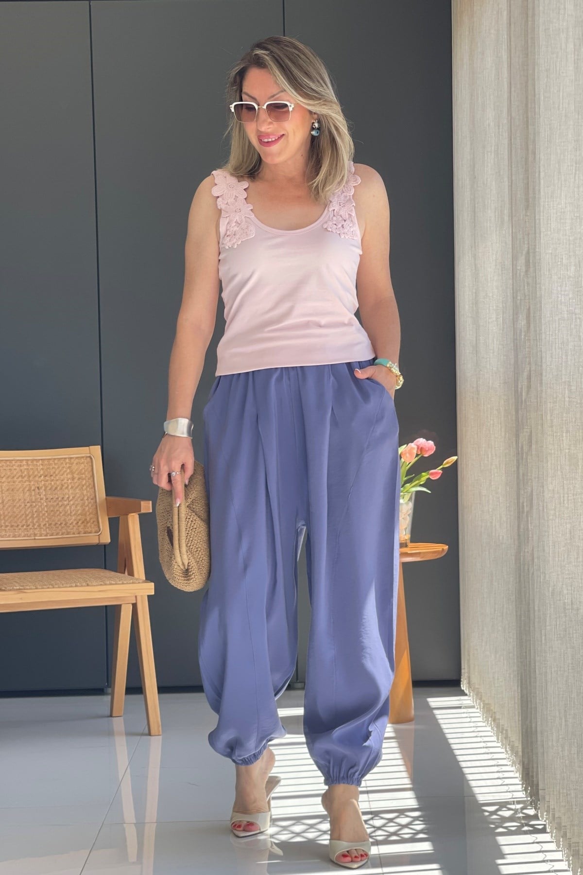 Paça Detay Şalvar Model Mavi Pantolon