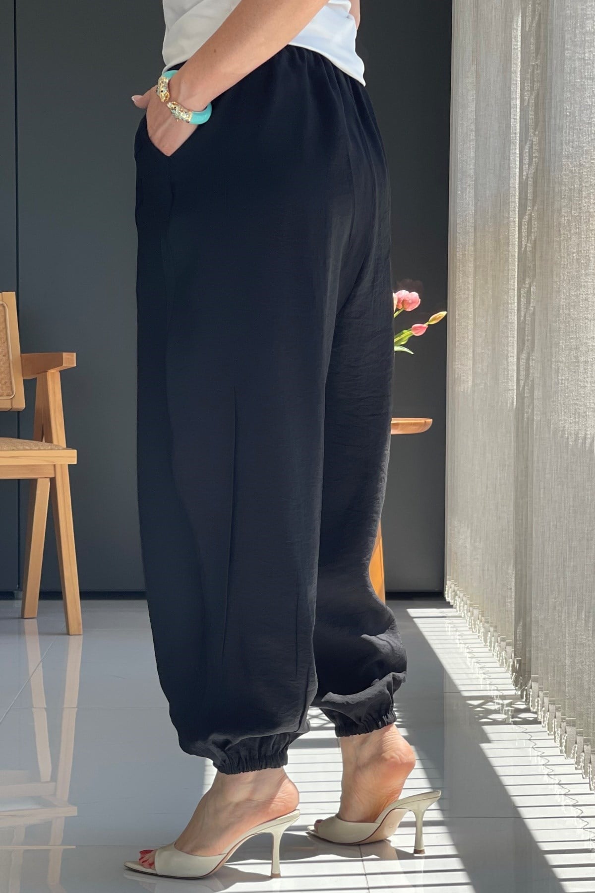 Paça Detay Şalvar Model Siyah Pantolon