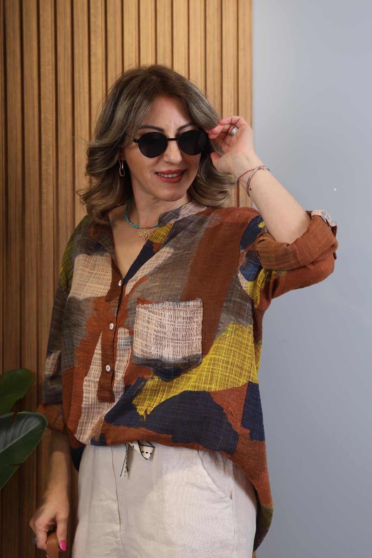 Patchwork Desen İthal Kahve Gömlek