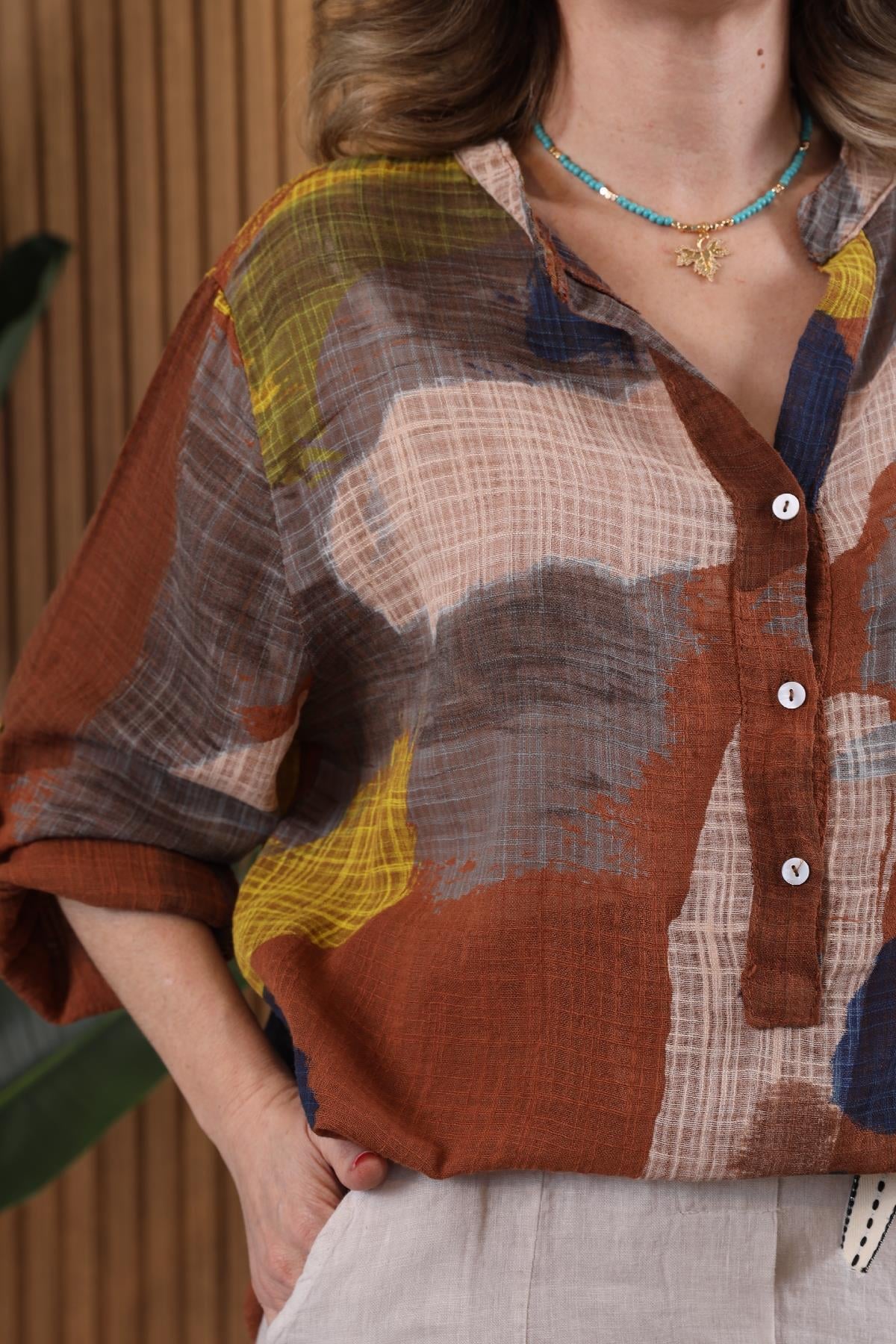 Patchwork Desen İthal Kahve Gömlek