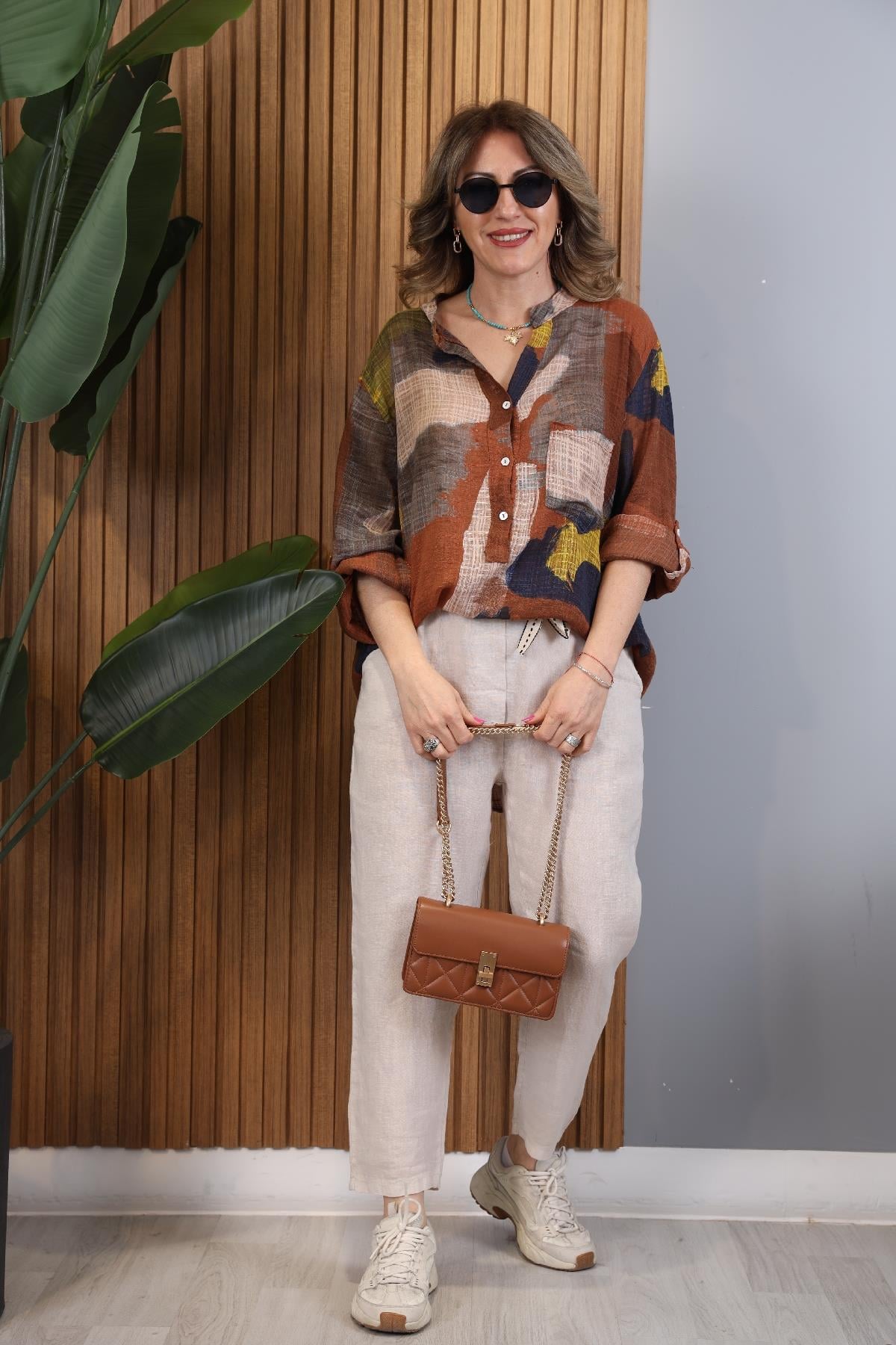 Patchwork Desen İthal Kahve Gömlek