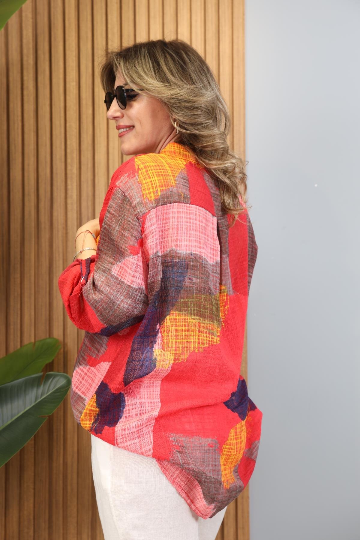 Patchwork Desen İthal Kırmızı Gömlek
