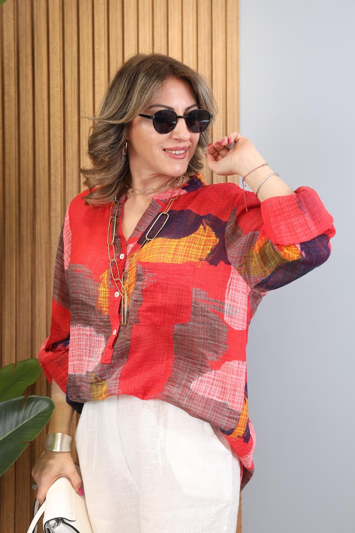 Patchwork Desen İthal Kırmızı Gömlek