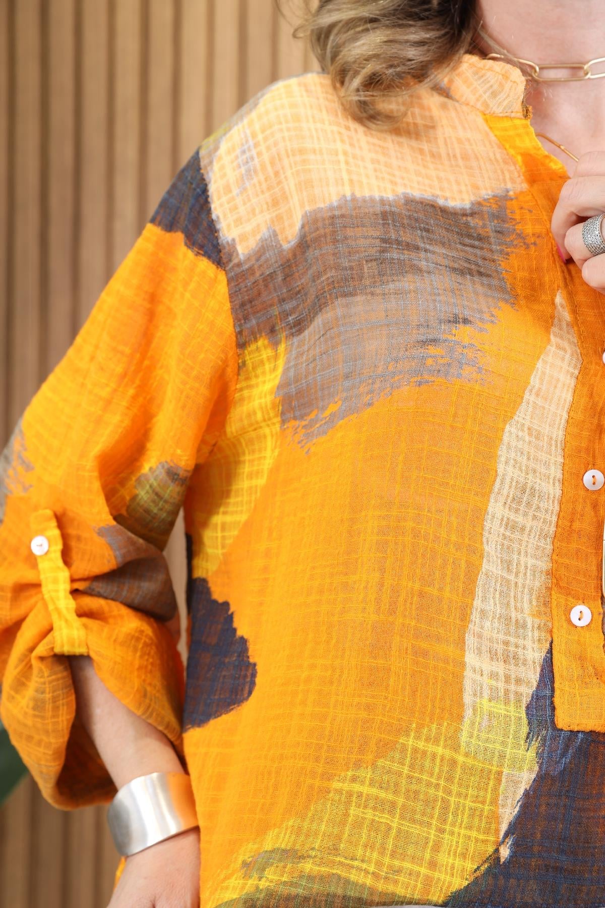 Patchwork Desen İthal Turuncu Gömlek