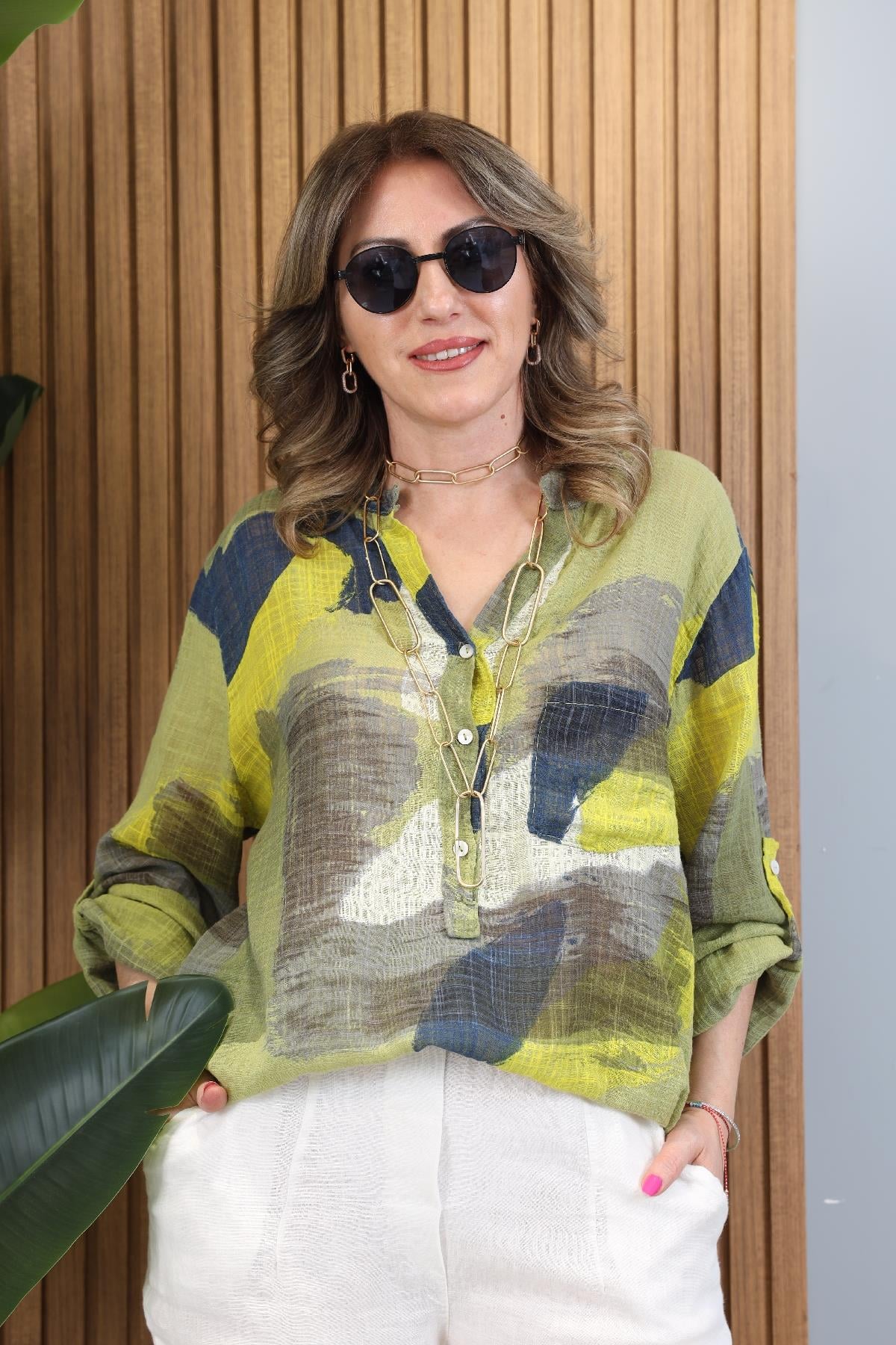 Patchwork Desen İthal Yağ Yeşili Gömlek