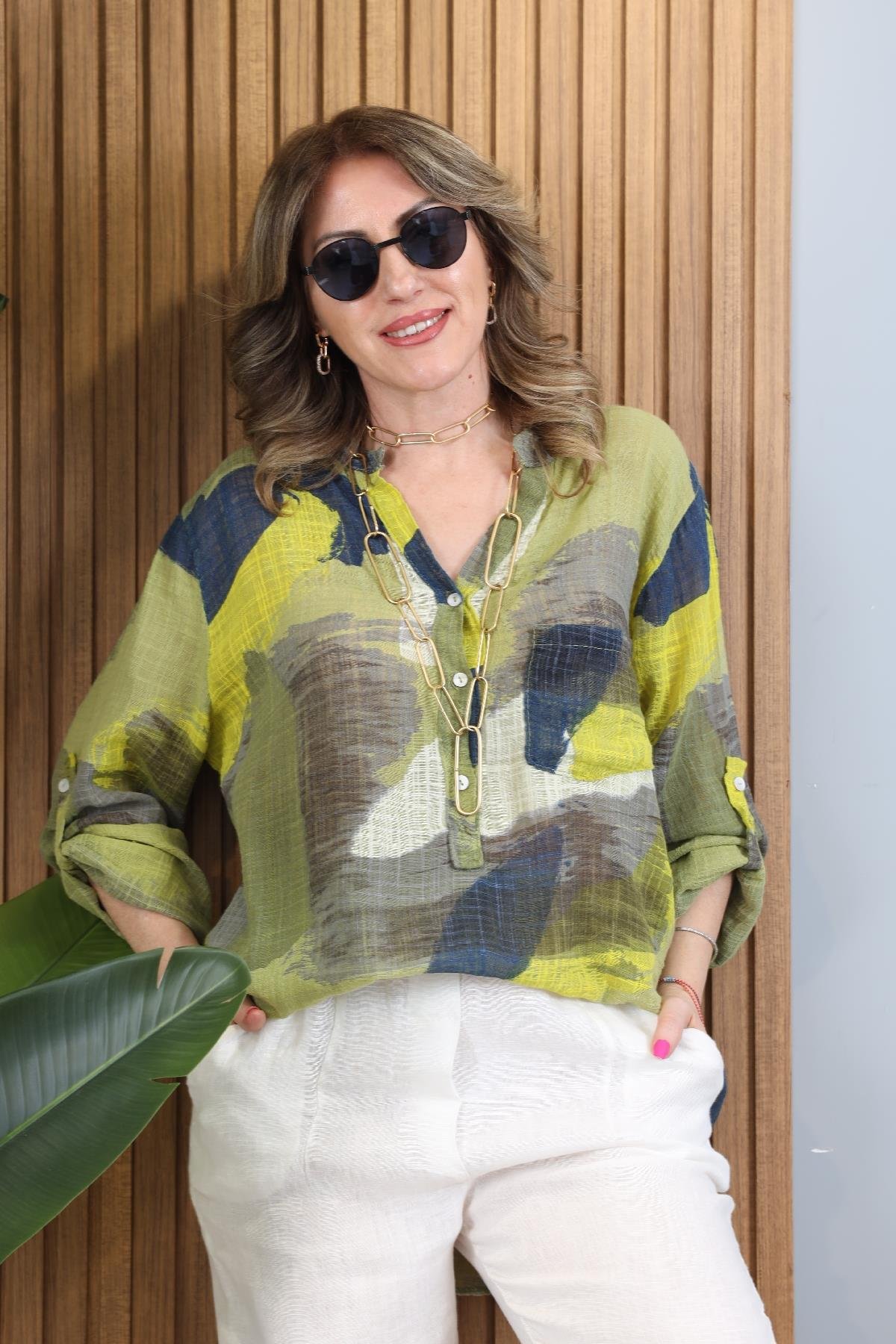 Patchwork Desen İthal Yağ Yeşili Gömlek