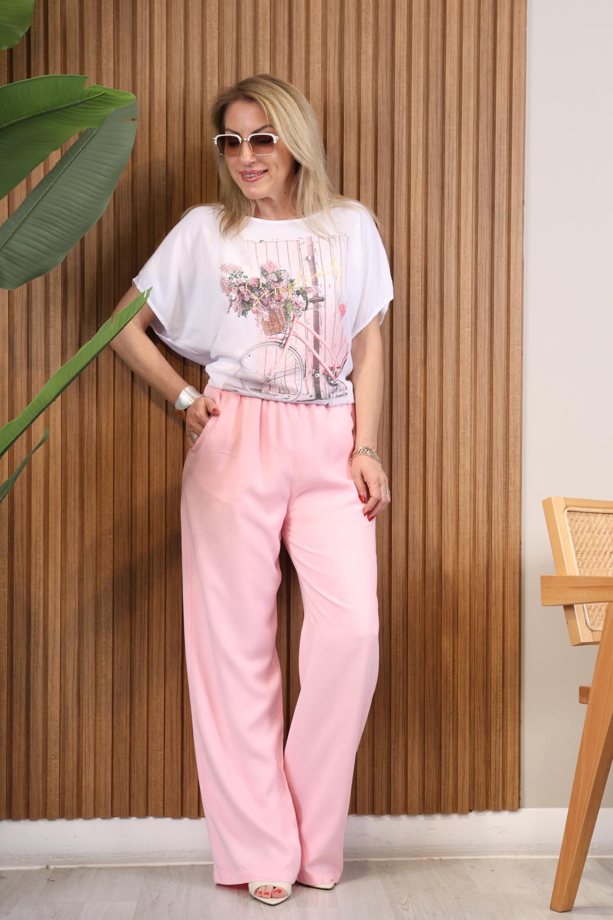 Pembe Renk Pamuk Palazzo Pantolon