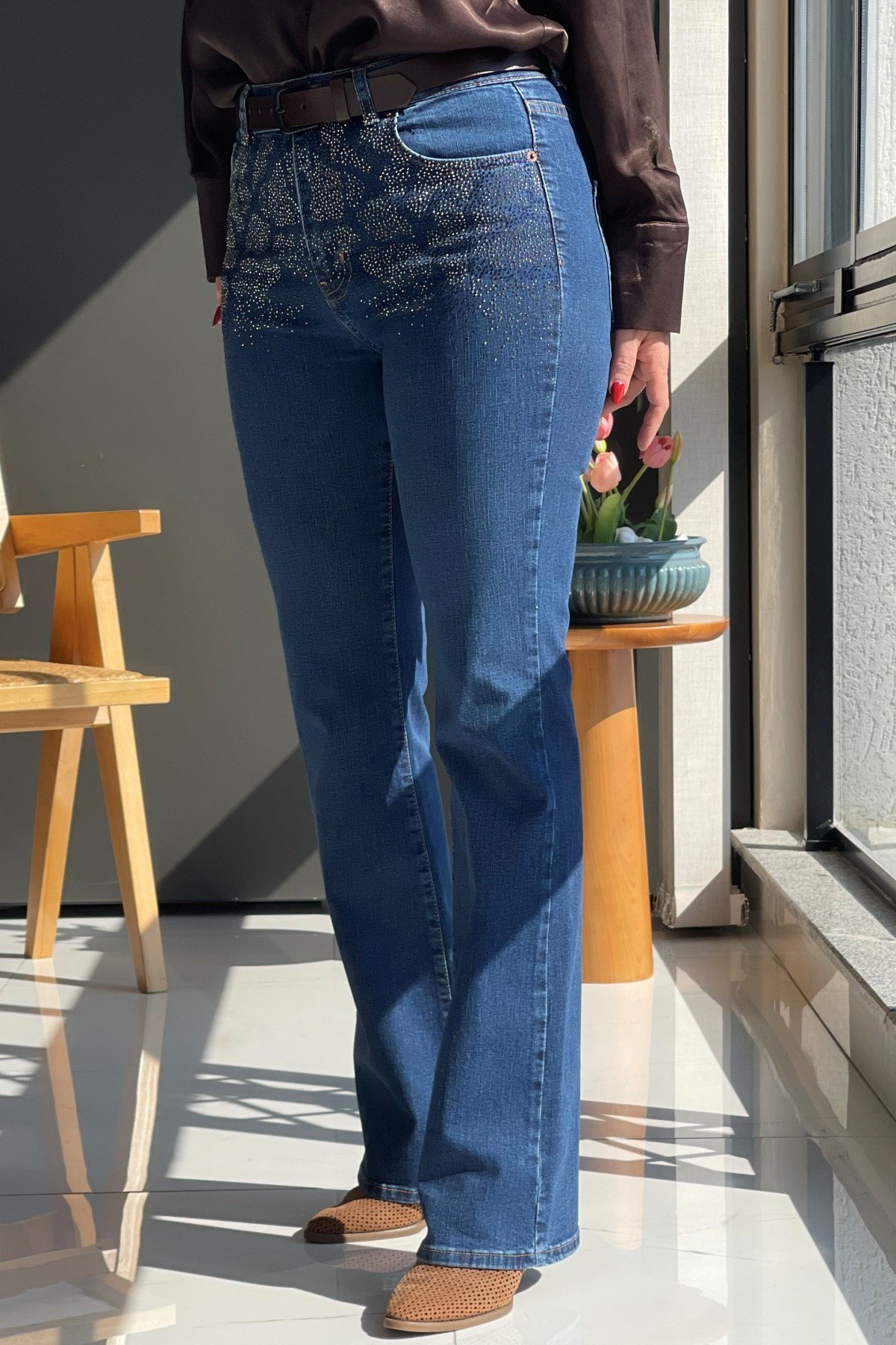 Pul Detay Boru Paça Dark Blue Jean