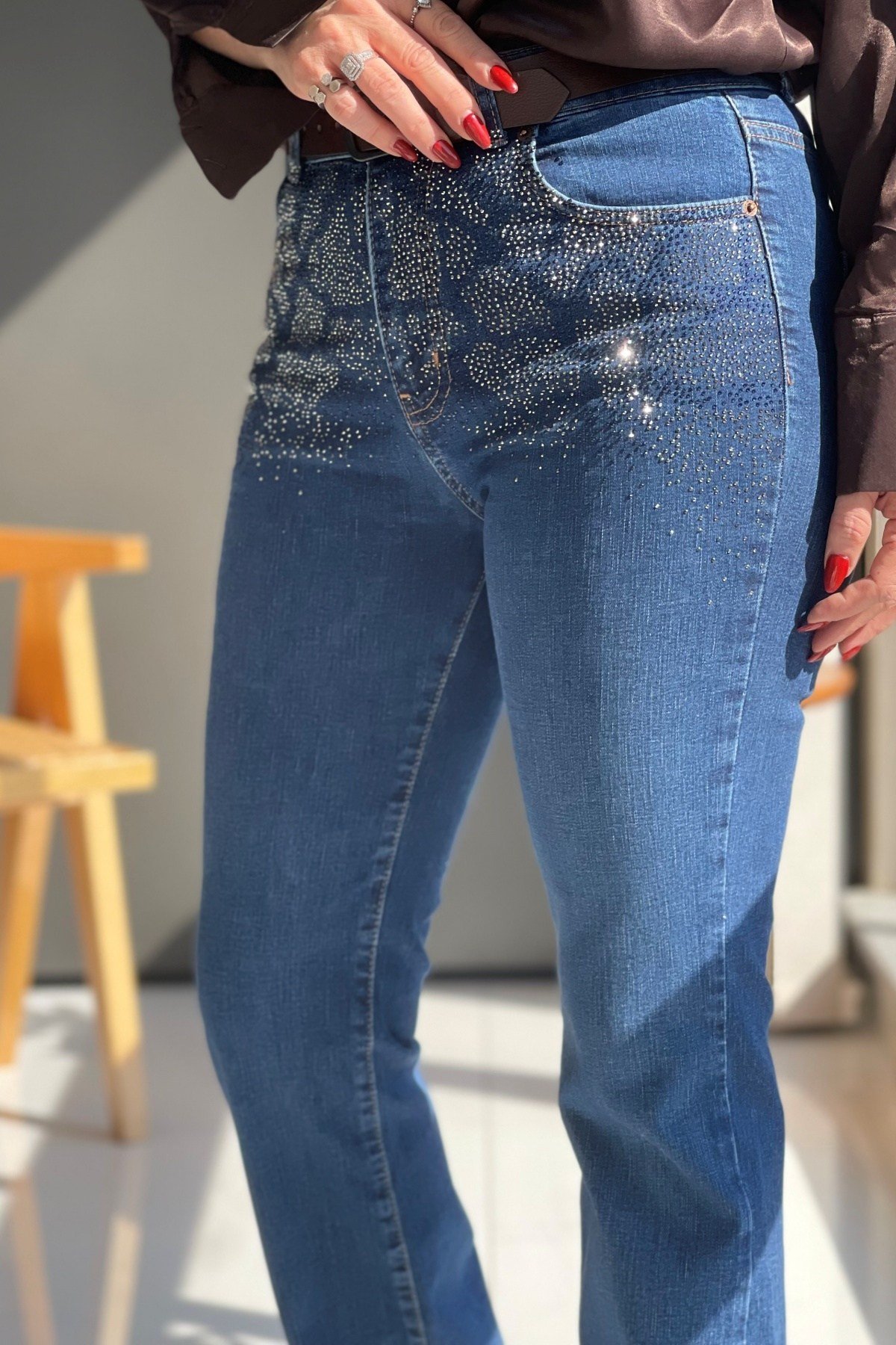 Pul Detay Boru Paça Dark Blue Jean