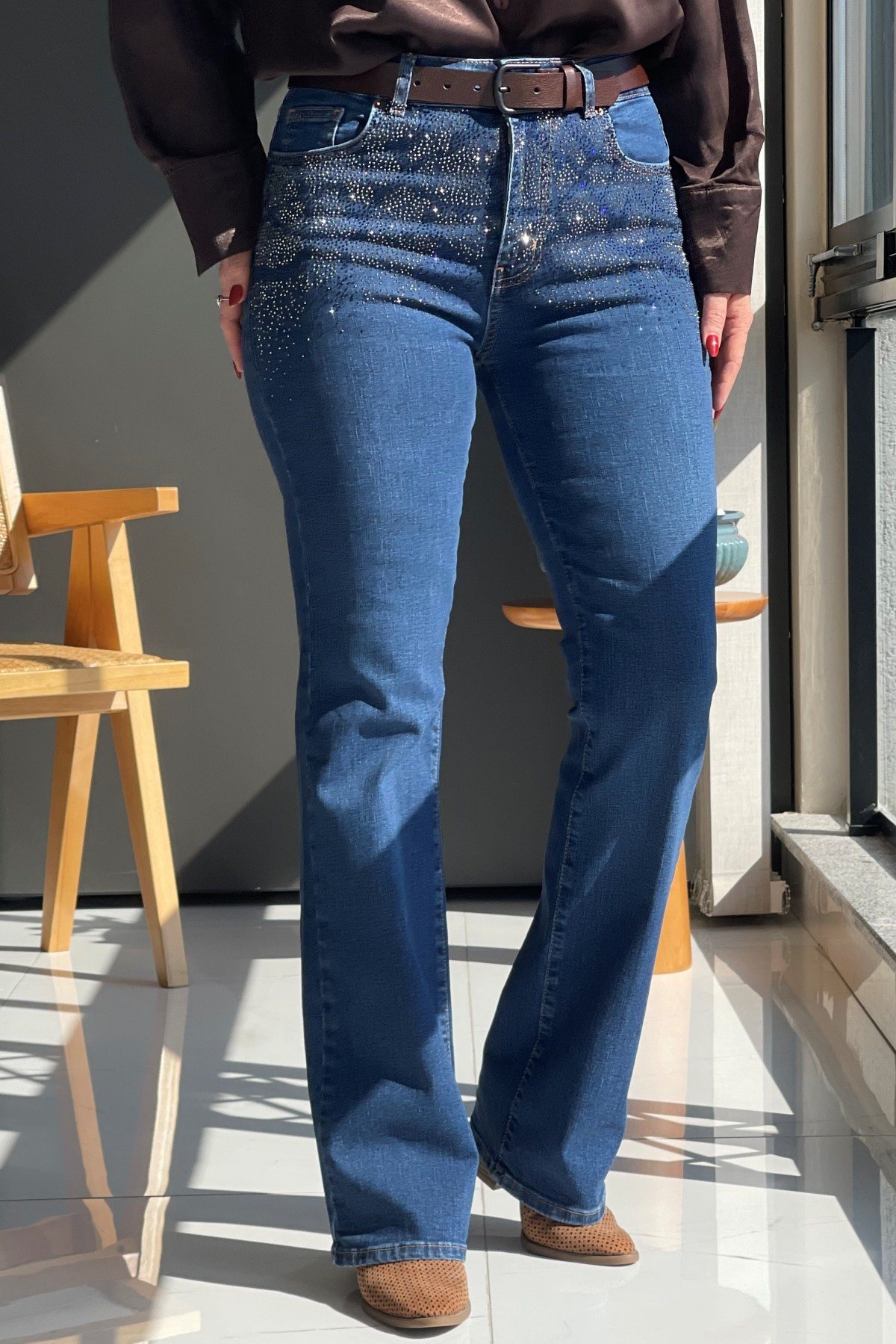 Pul Detay Boru Paça Dark Blue Jean