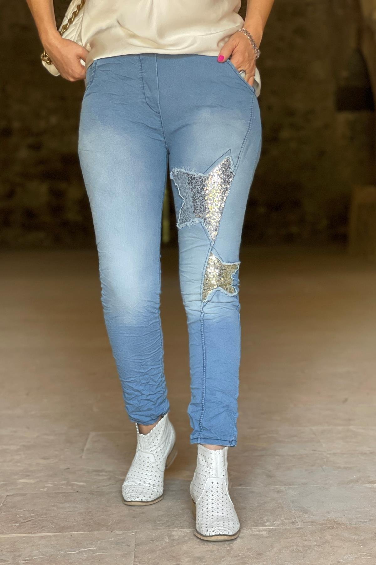 Pul Detay İthal Buz Mavi Pantolon