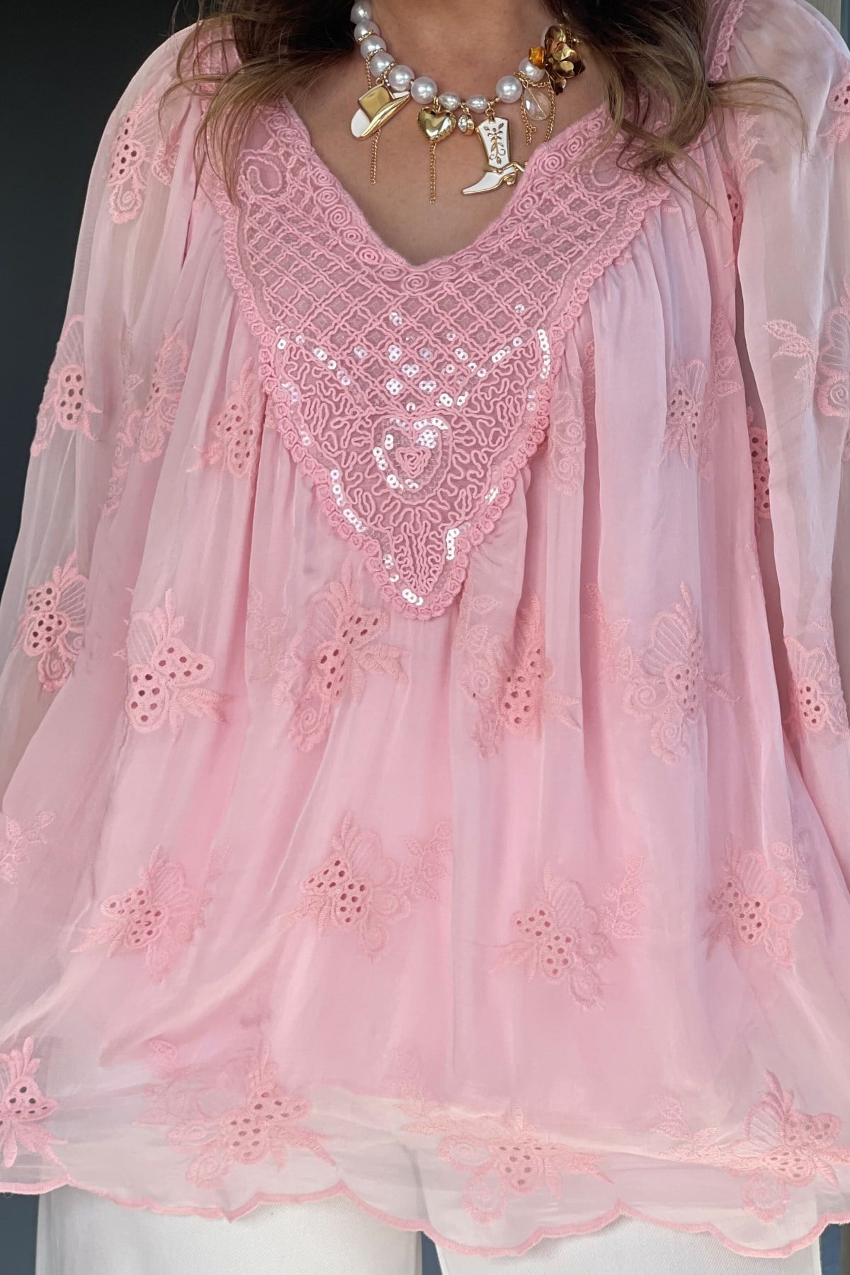 Pul Yaka İthal İpek Pembe Bluz