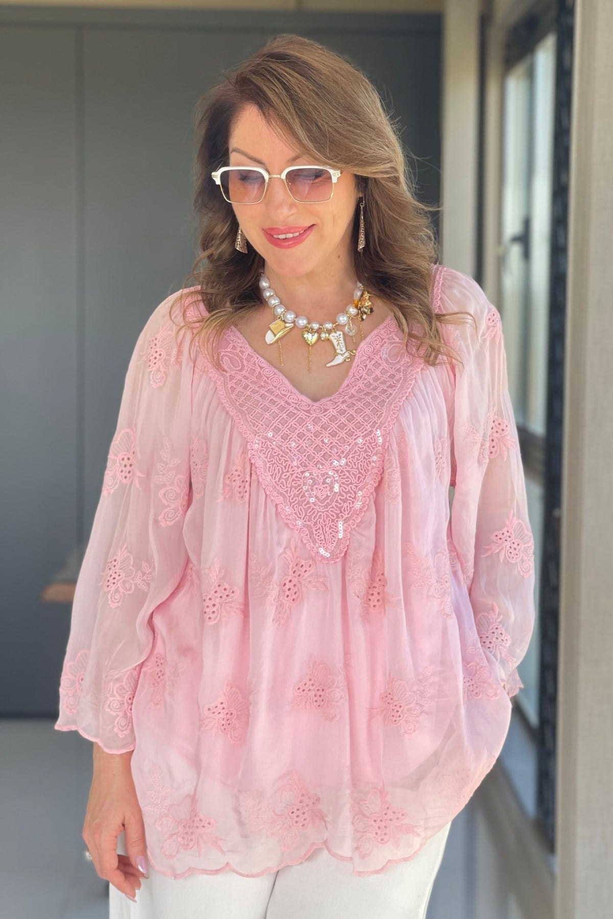 Pul Yaka İthal İpek Pembe Bluz