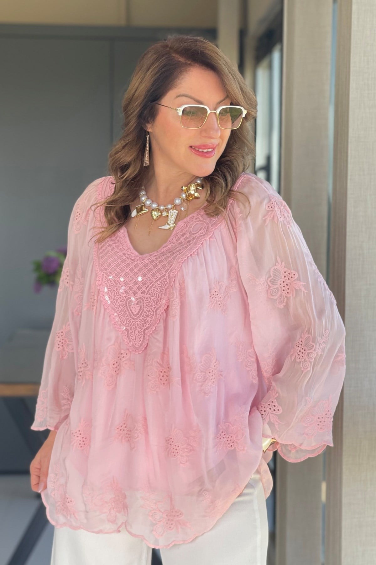 Pul Yaka İthal İpek Pembe Bluz