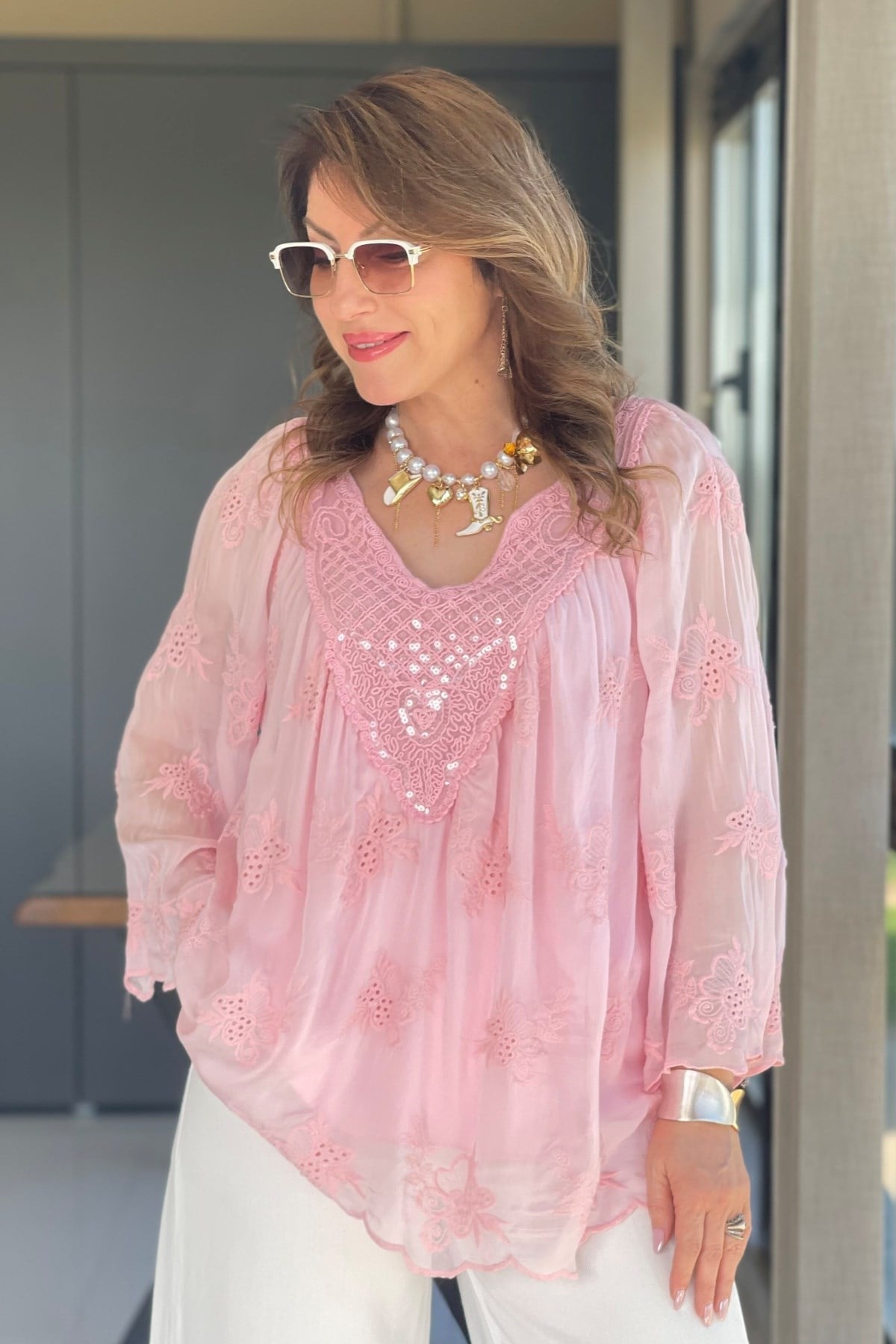 Pul Yaka İthal İpek Pembe Bluz