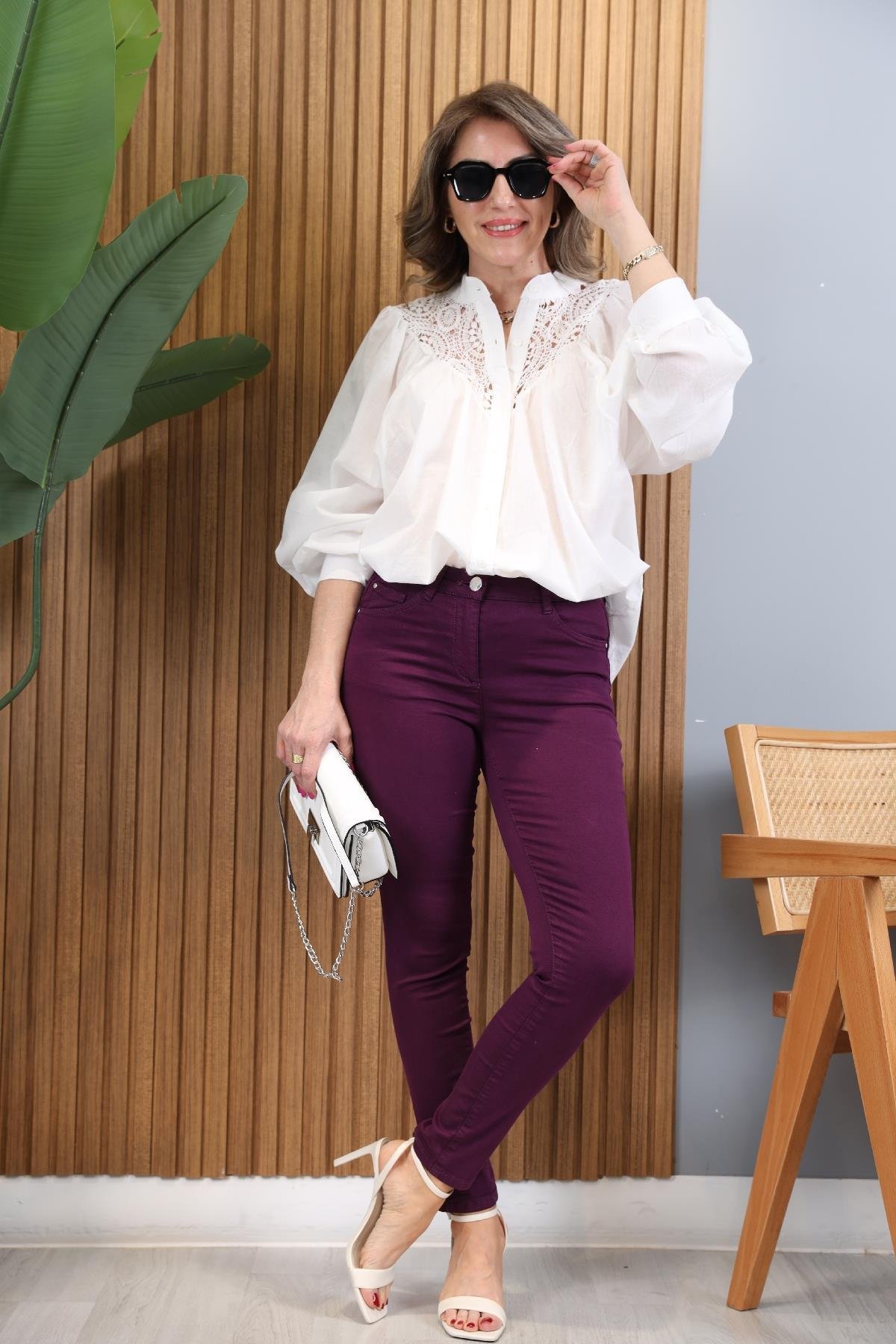 Push Up'lı Mor Gabardin Pantolon
