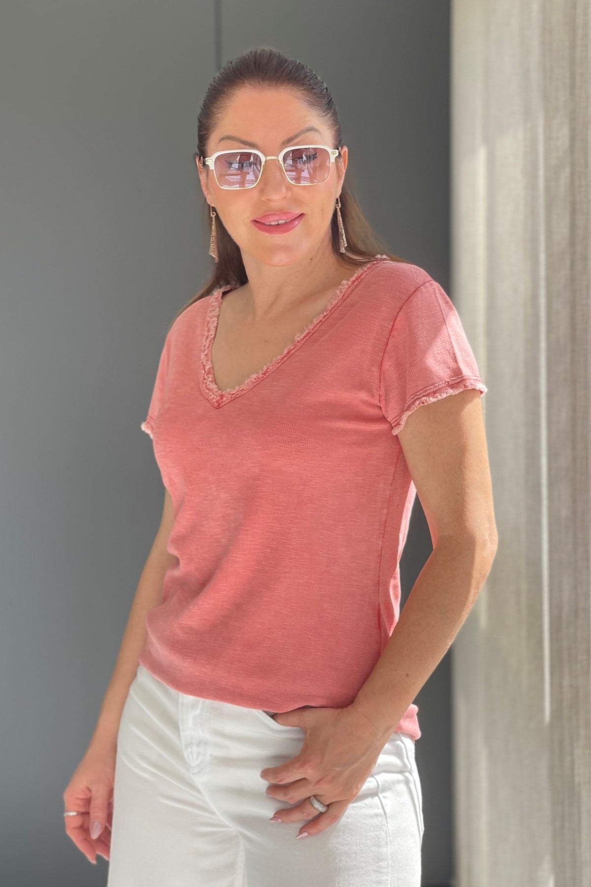 Saçak Detay İthal Gül Kurusu T-Shirt
