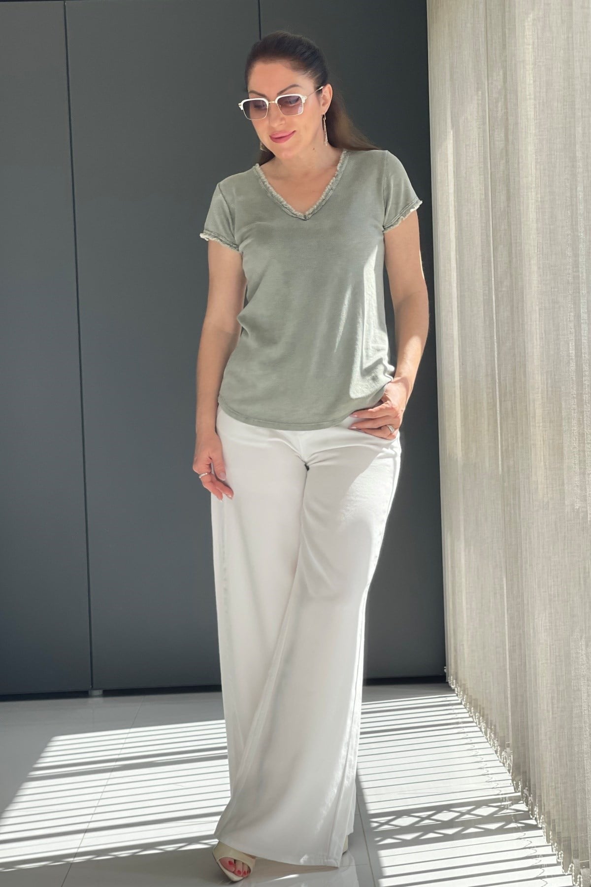 Saçak Detay İthal Haki T-Shirt