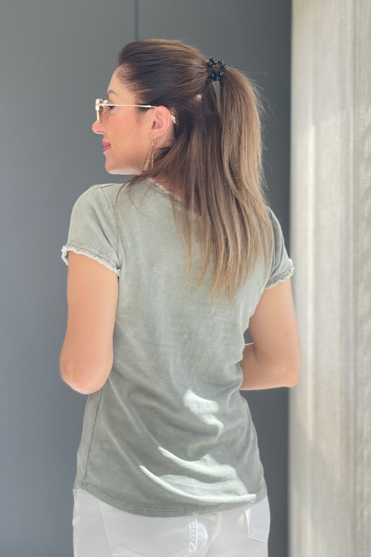 Saçak Detay İthal Haki T-Shirt