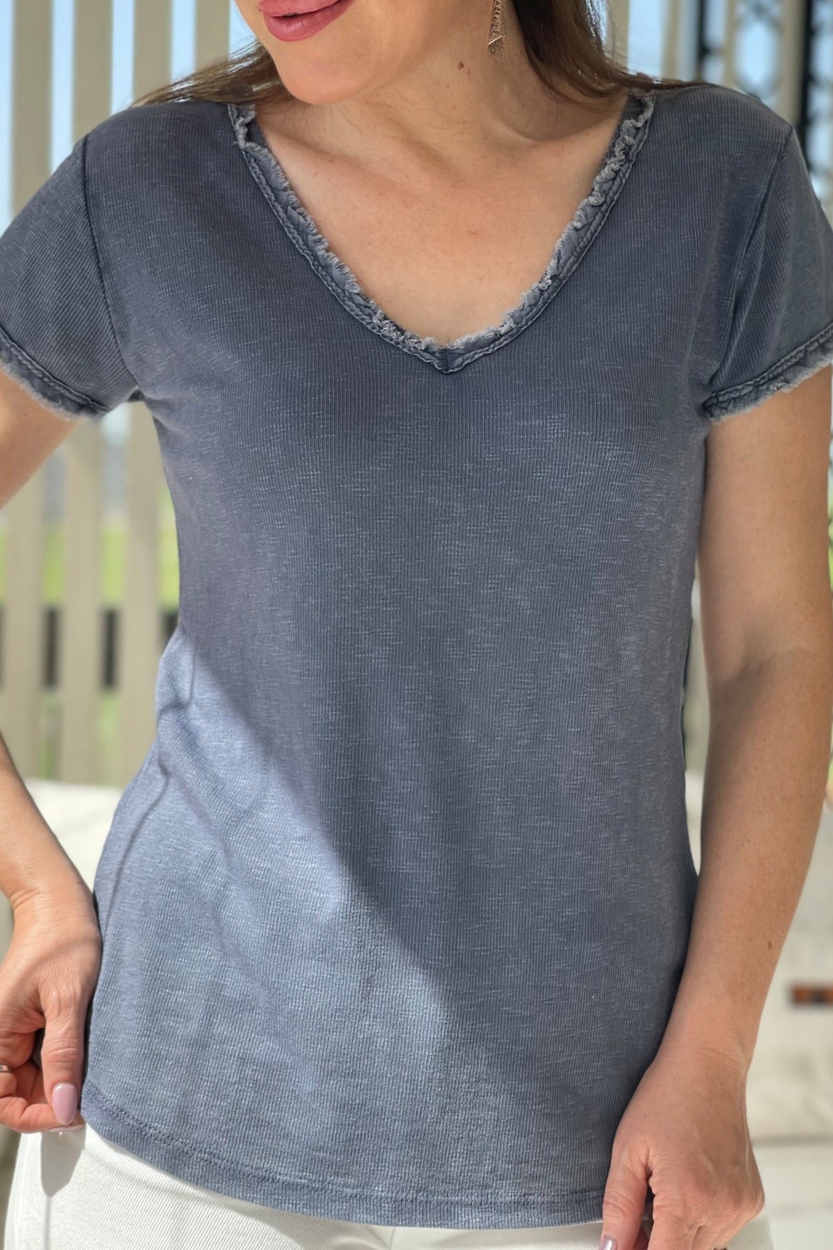 Saçak Detay İthal İndigo T-Shirt