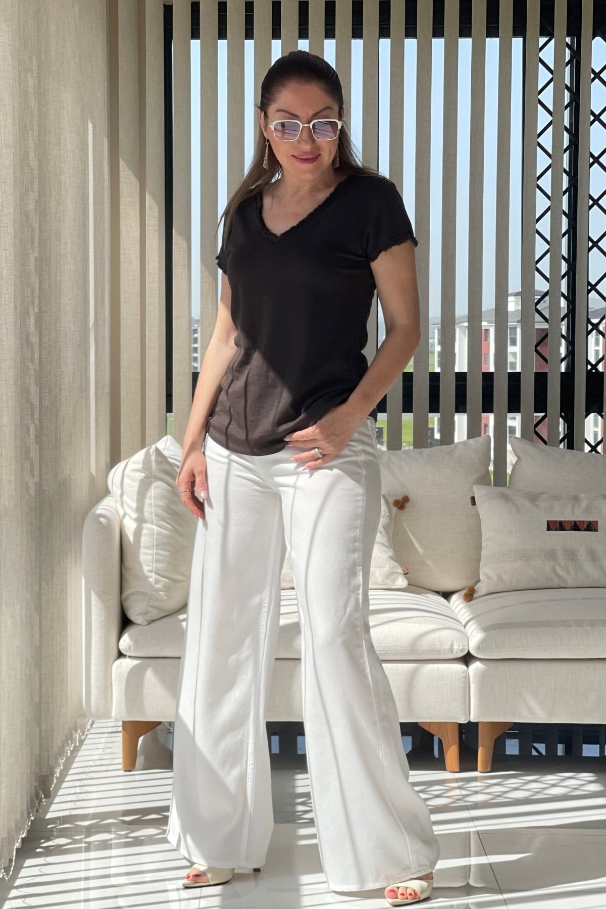 Saçak Detay İthal Kahve T-Shirt