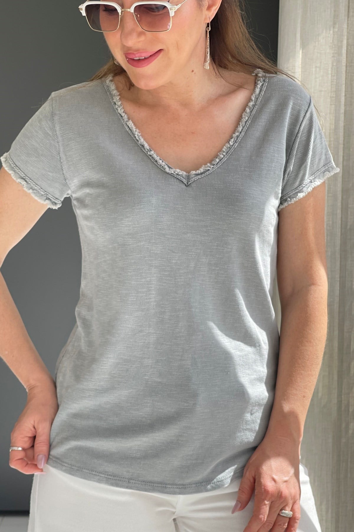 Saçak Detay İthal Koyu Gri T-Shirt