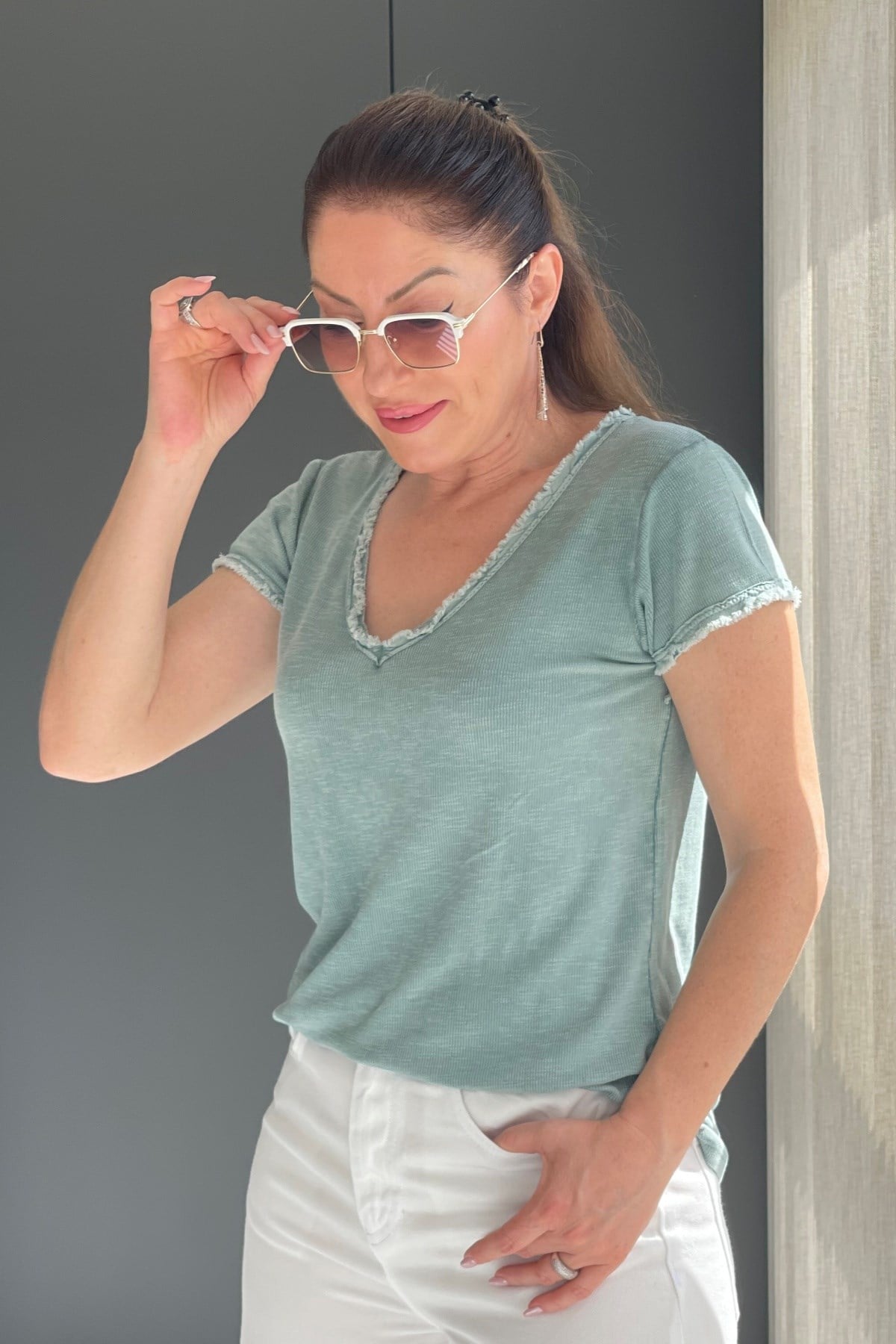 Saçak Detay İthal Mint Yeşil T-Shirt