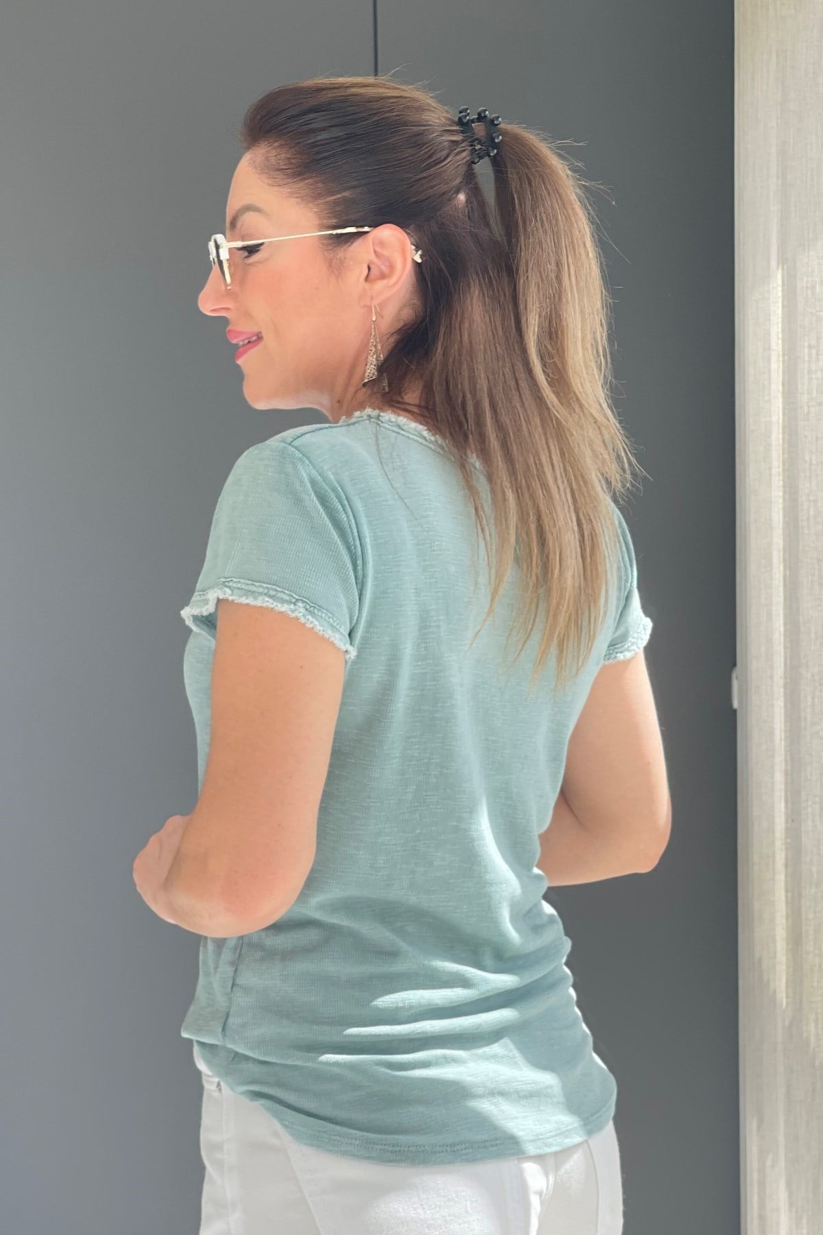 Saçak Detay İthal Mint Yeşil T-Shirt