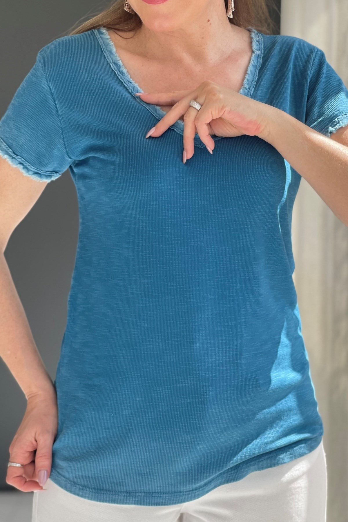 Saçak Detay İthal Petrol Mavi T-Shirt