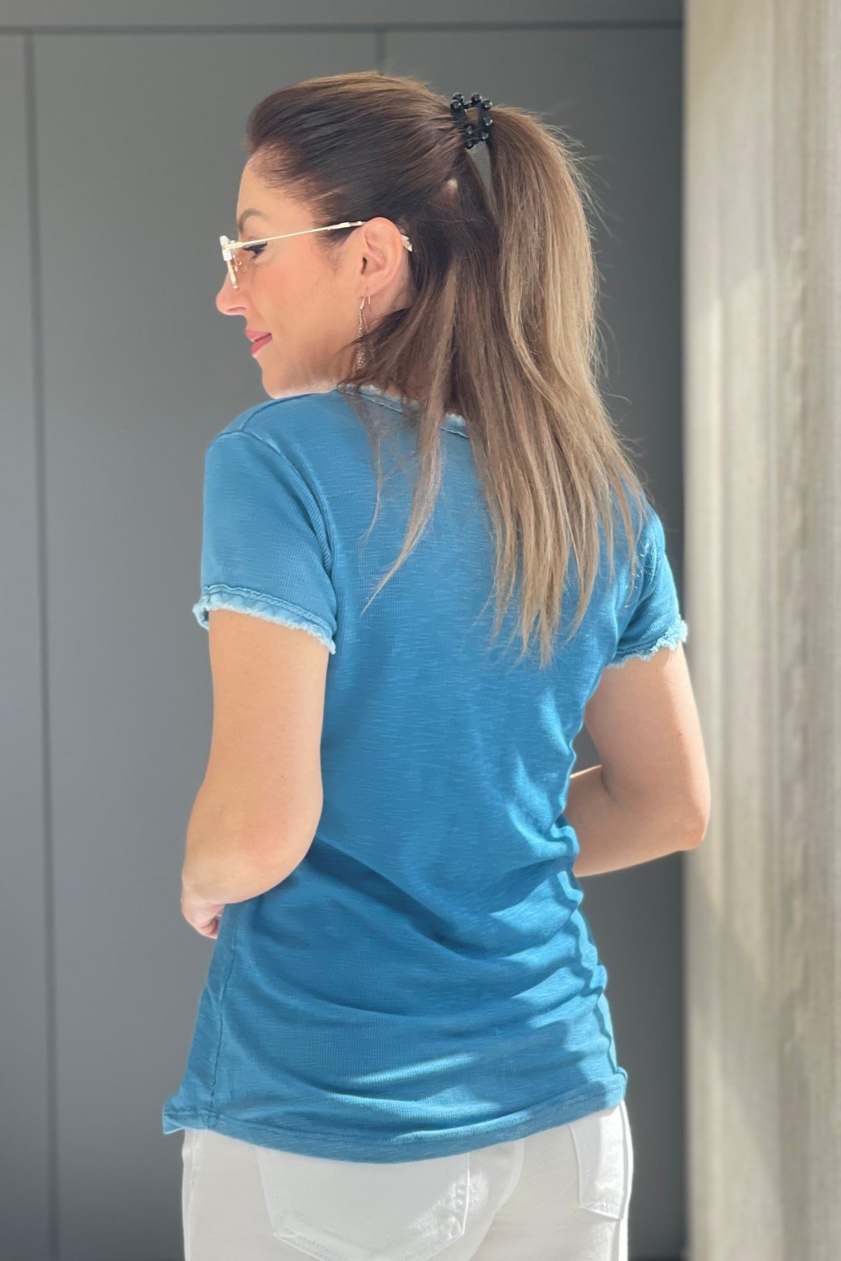 Saçak Detay İthal Petrol Mavi T-Shirt