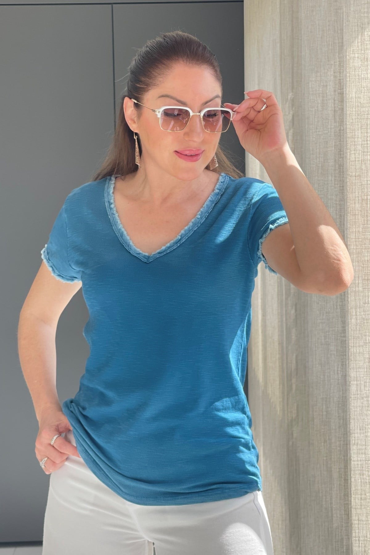 Saçak Detay İthal Petrol Mavi T-Shirt