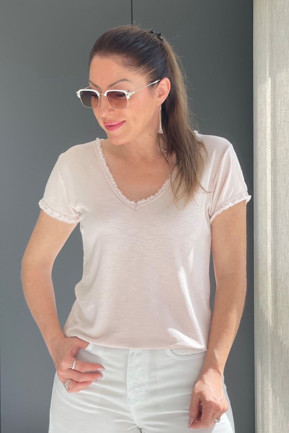 Saçak Detay İthal Pudra T-Shirt