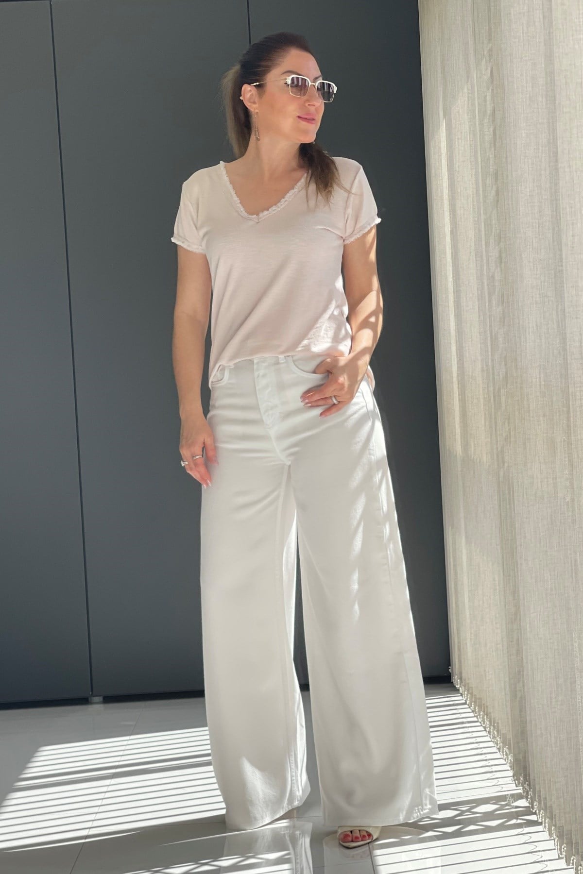 Saçak Detay İthal Pudra T-Shirt