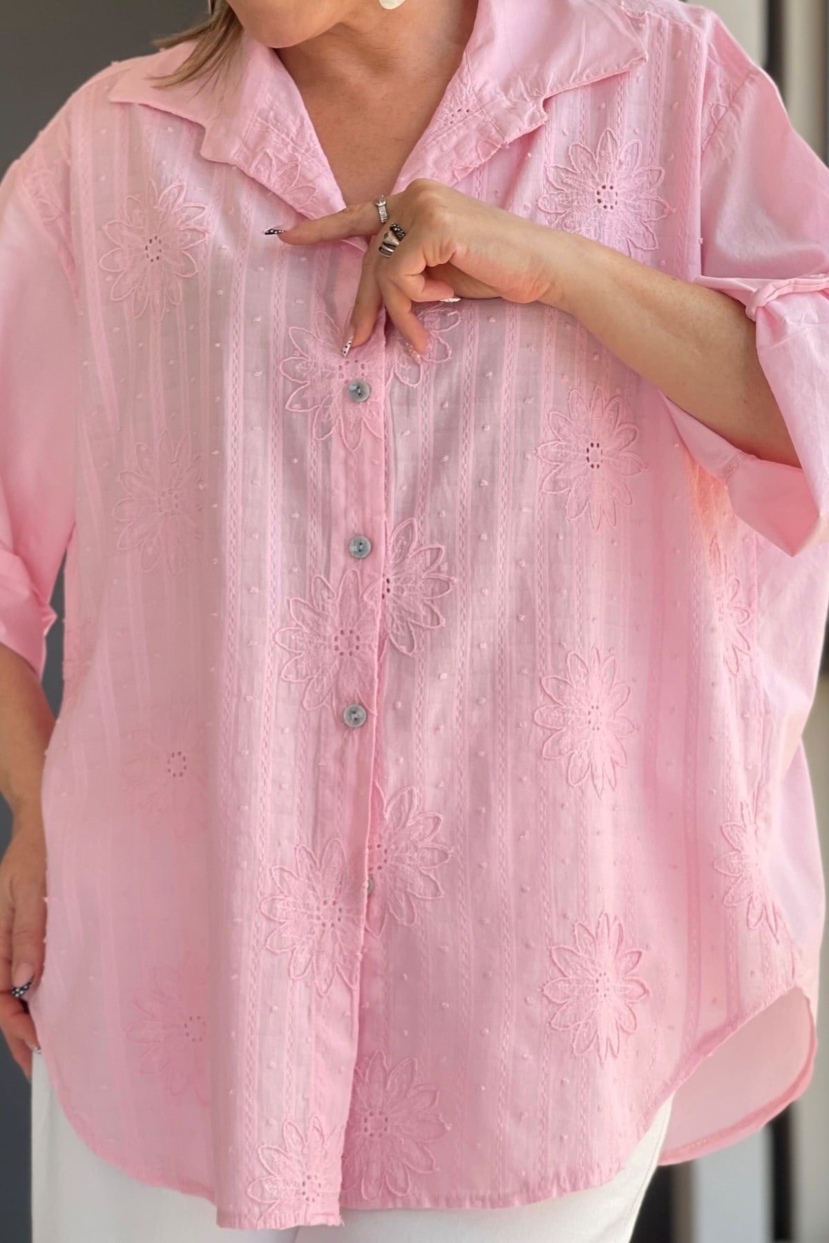 Sakura Çiçek İşleme Pembe Gömlek