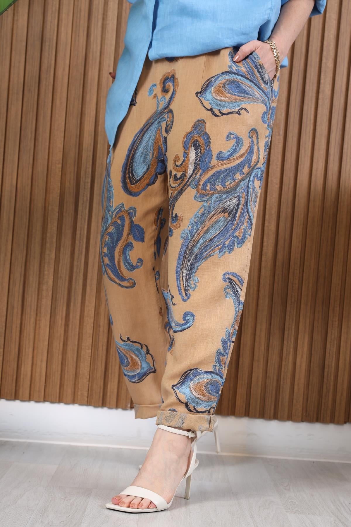 Şal Desen İthal Keten Pantolon Camel