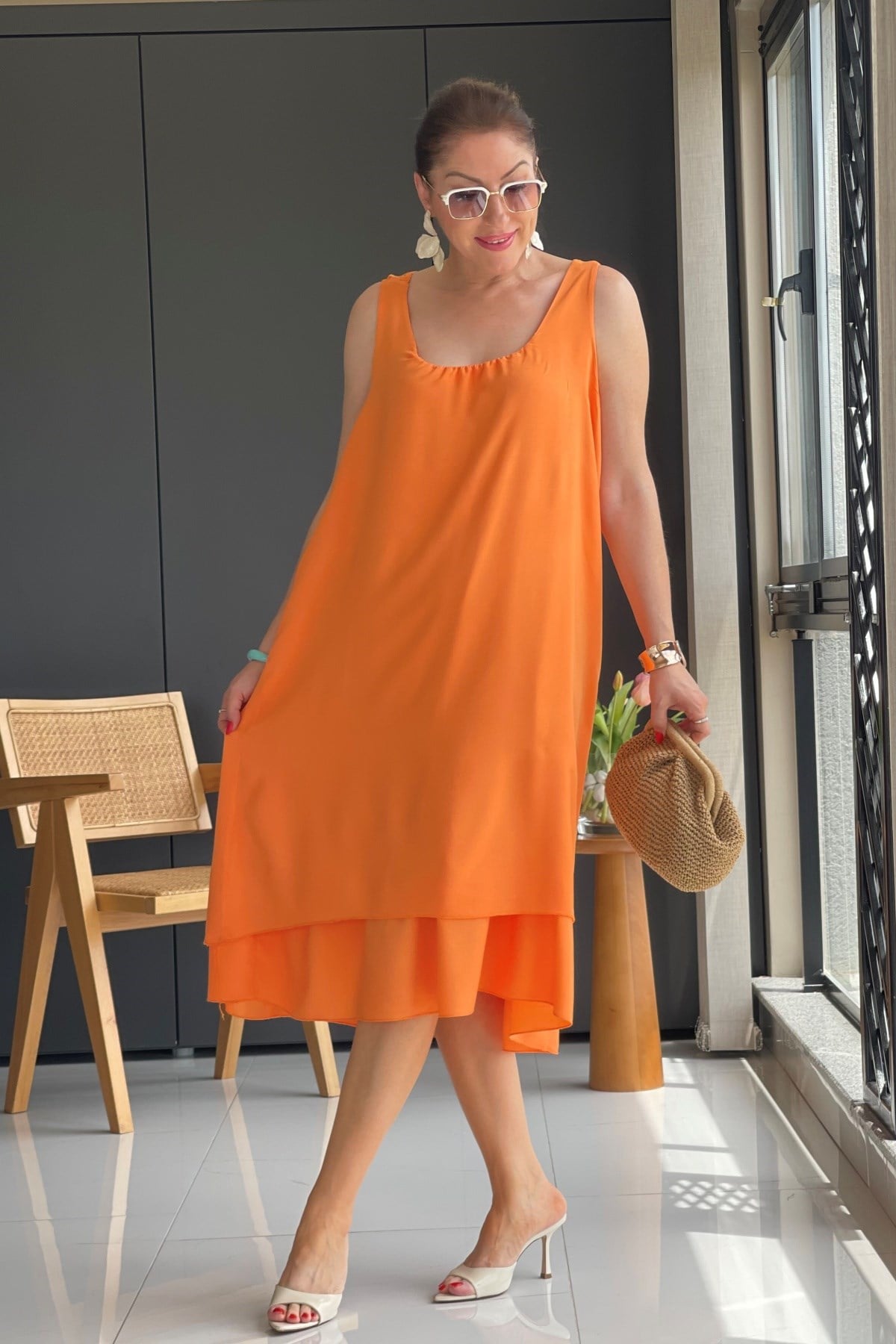 Sırt Dantel Detay İthal Oranj Elbise