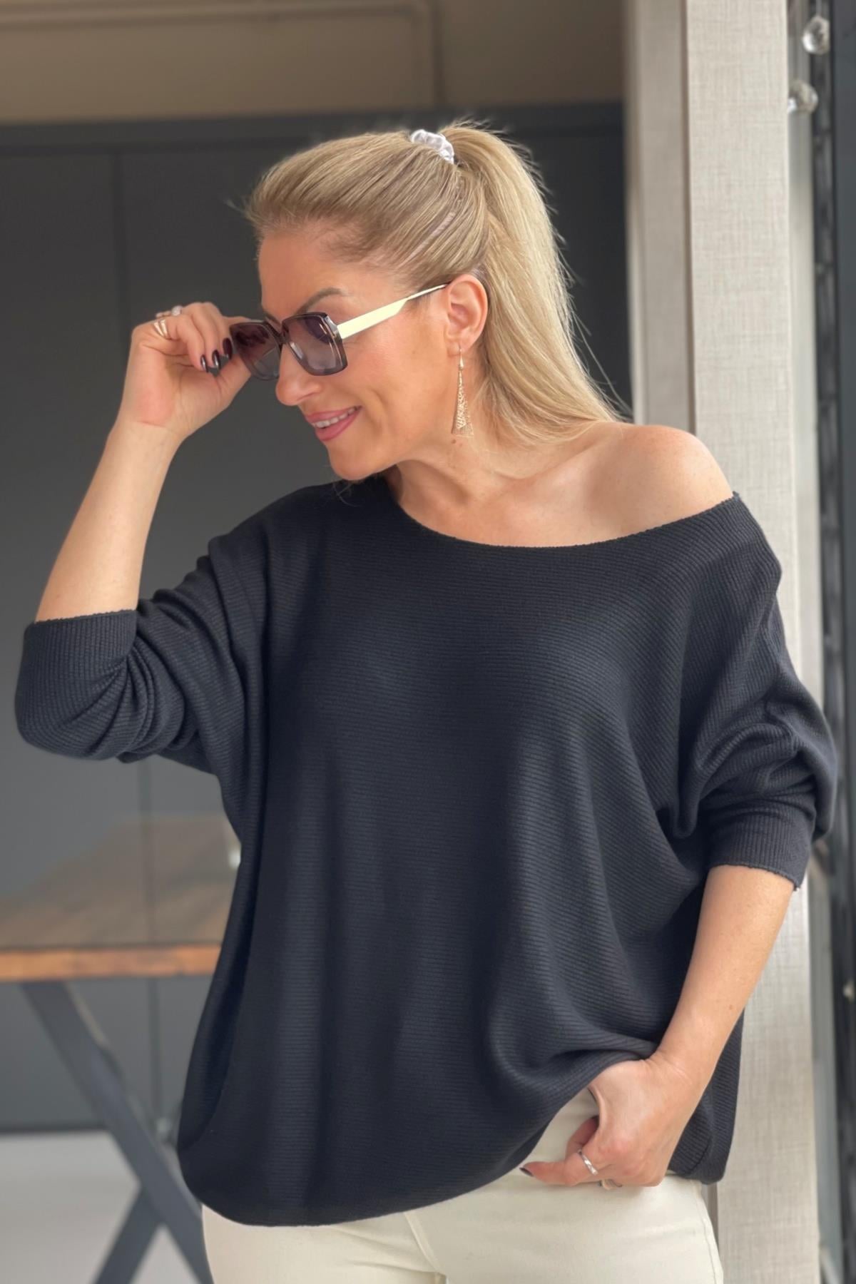 Siyah Düz Desen Örme Bluz