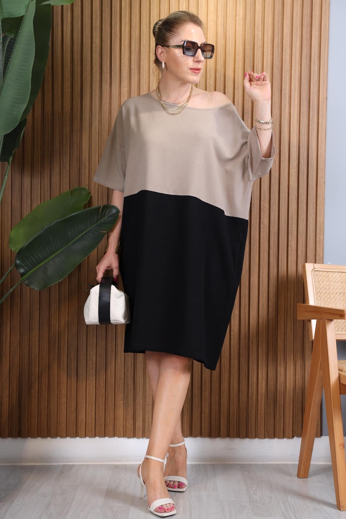 Siyah Vizon Oversize Elbise