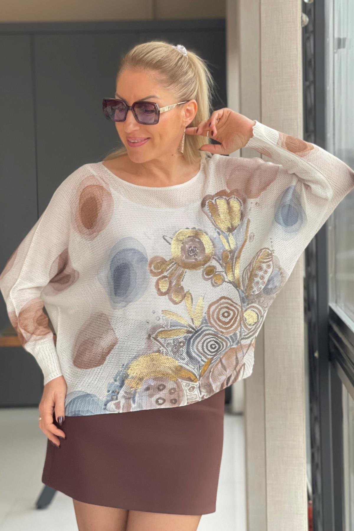 Spiral Çiçek Desen Triko Bluz